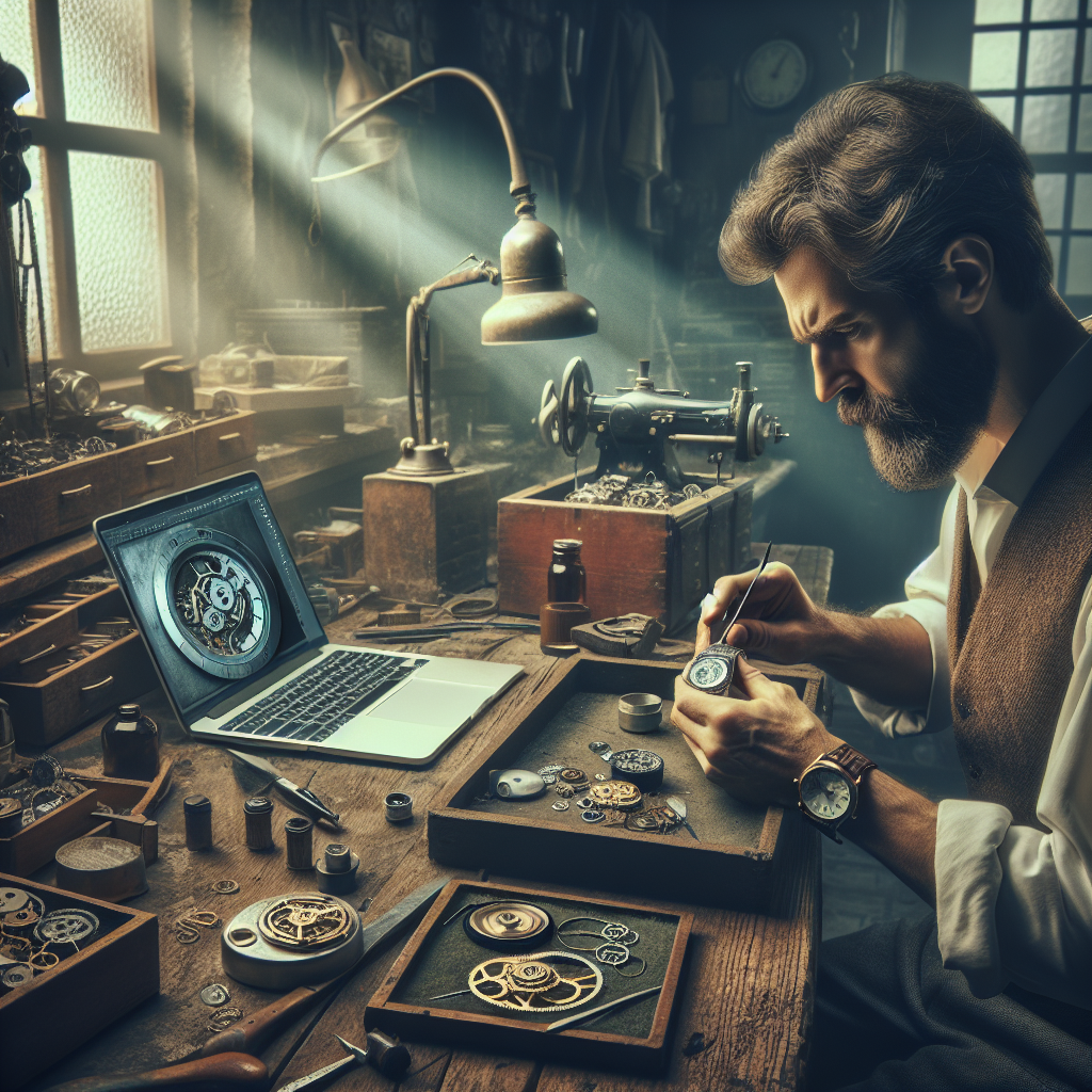 Un horloger examinant une montre avec un ordinateur portable à ses côtés.