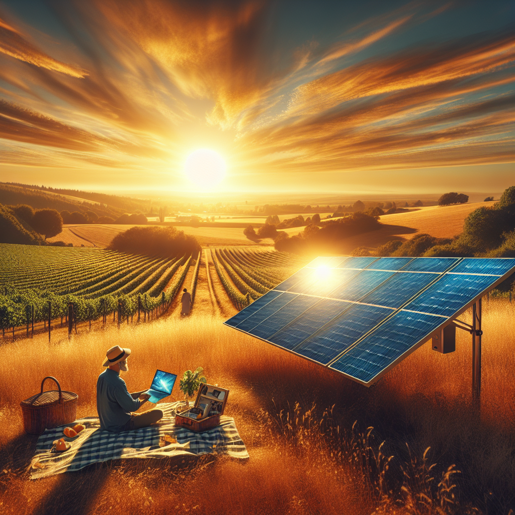 Un paysage avec un panneau solaire et un ordinateur portable.