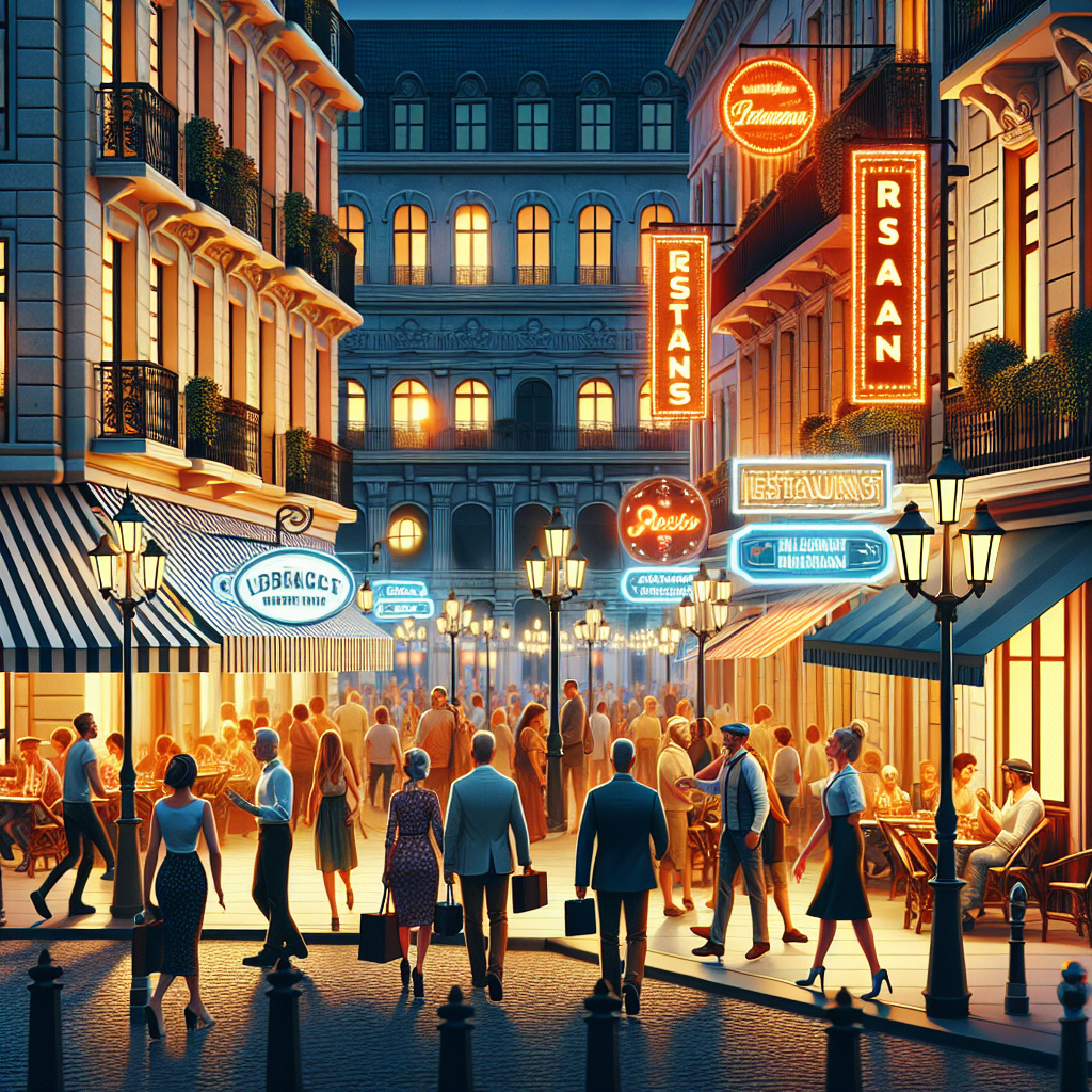 Un paysage urbain avec des enseignes lumineuses de restaurants.