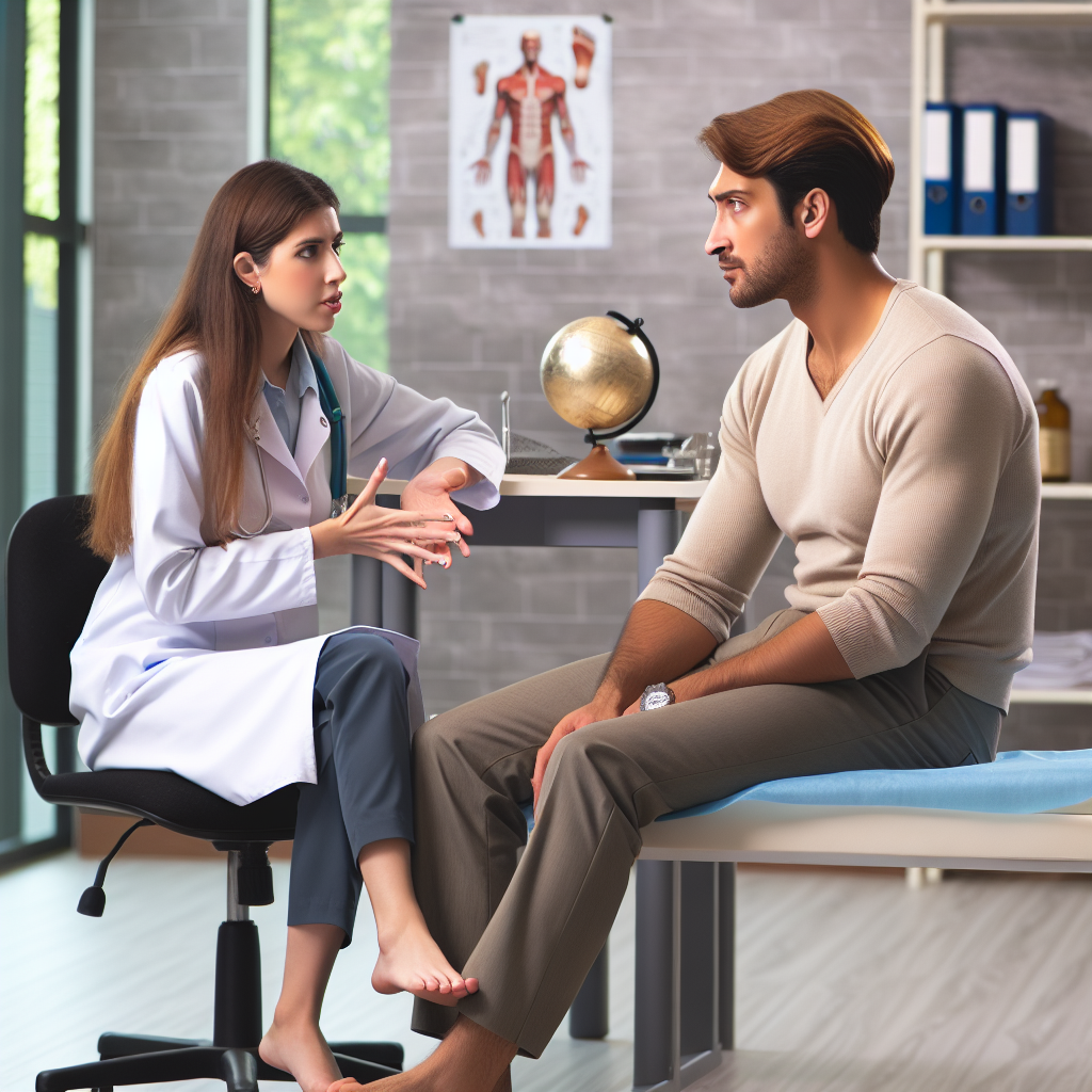 Un podologue discutant avec un patient dans un cabinet moderne.