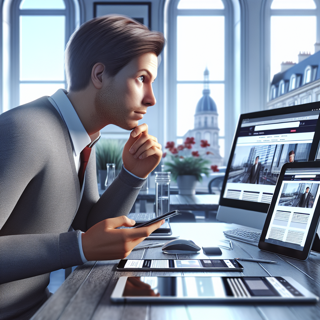 Un utilisateur testant un site web sur différents appareils, y compris un smartphone et une tablette.