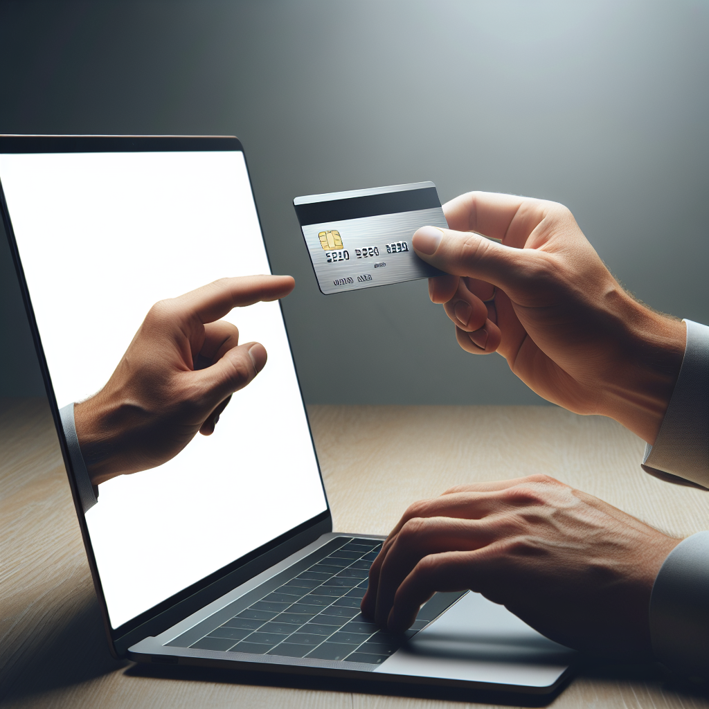 Une main tenant une carte bancaire devant un ordinateur portable.