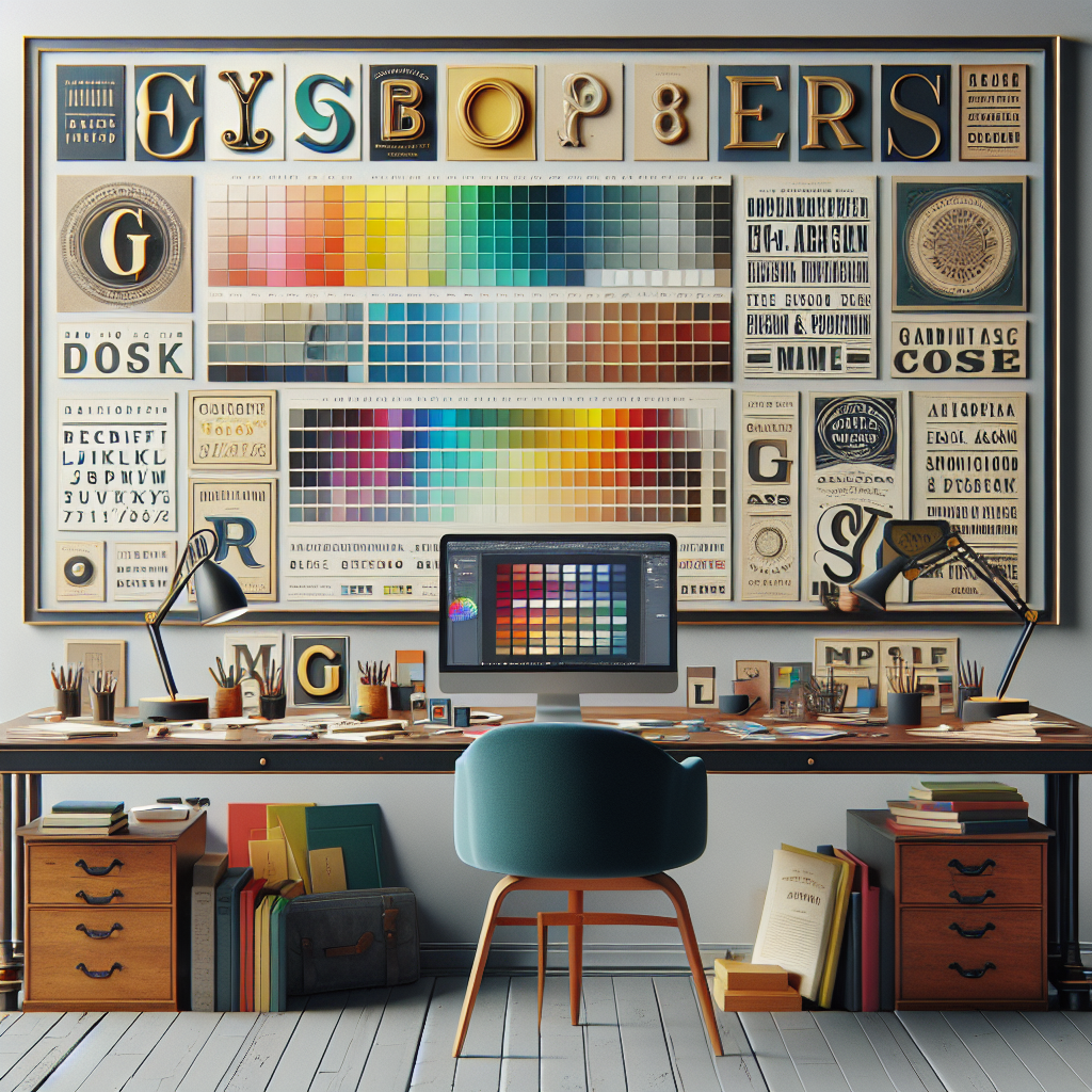 Une palette de couleurs et des exemples de typographies sur un bureau.