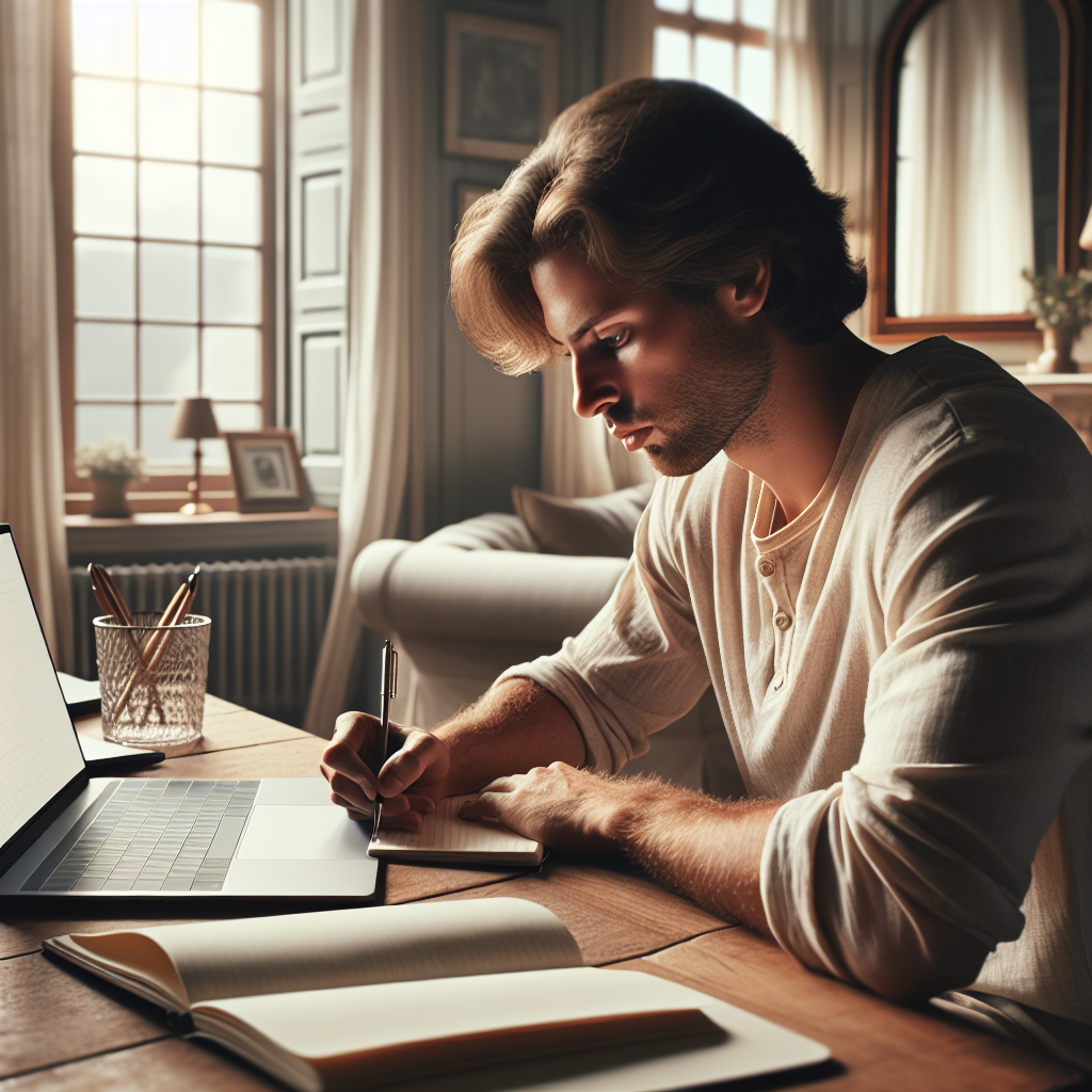 Une personne écrivant sur un carnet avec un ordinateur portable à côté.