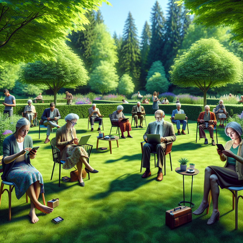 Personnes utilisant des appareils mobiles et ordinateurs portables dans un jardin.