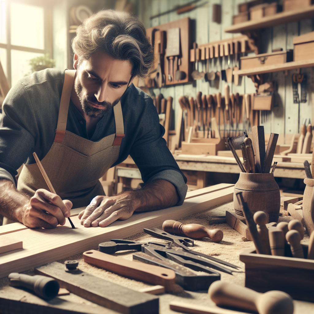 Un artisan travaillant sur un meuble en bois recyclé dans un atelier lumineux.