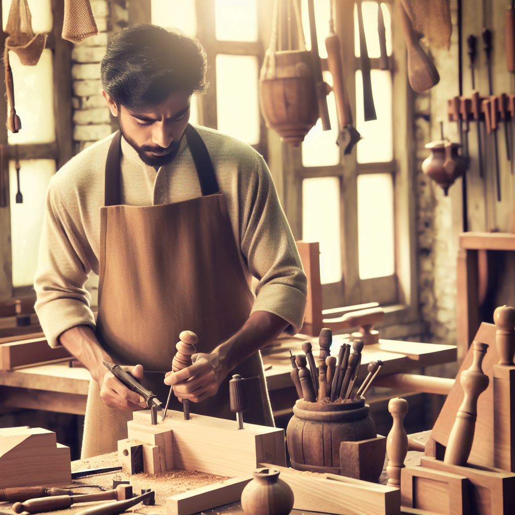 Un artisan travaillant sur un produit en bois dans un atelier lumineux.