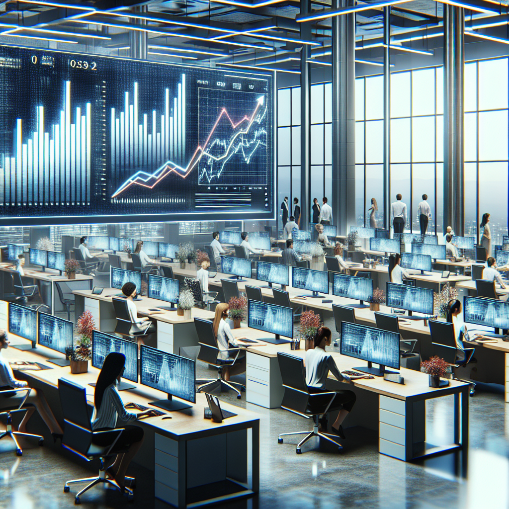 Un bureau moderne avec des écrans d'ordinateur affichant des graphiques de croissance.