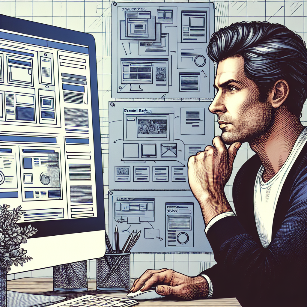 Un designer travaillant sur un ordinateur avec des croquis de design de site web.