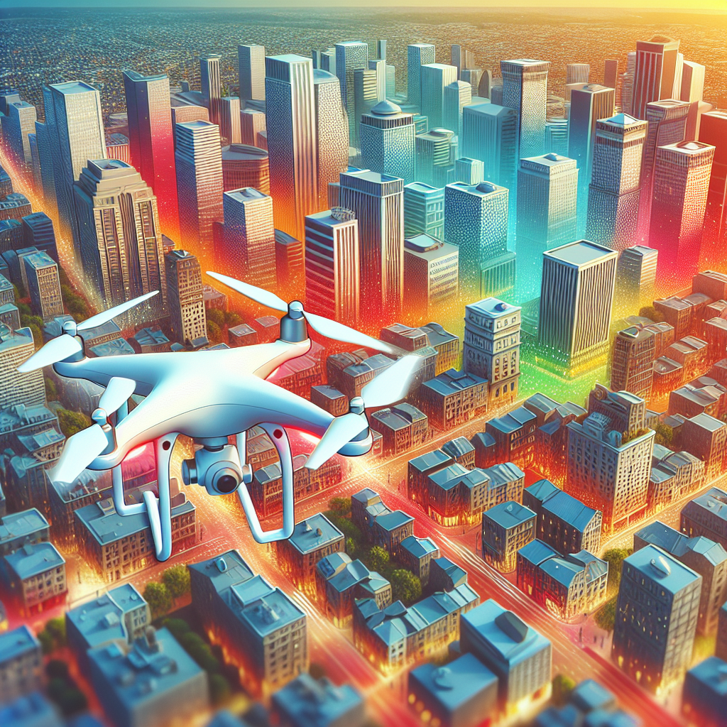 Un drone moderne survolant un paysage urbain.