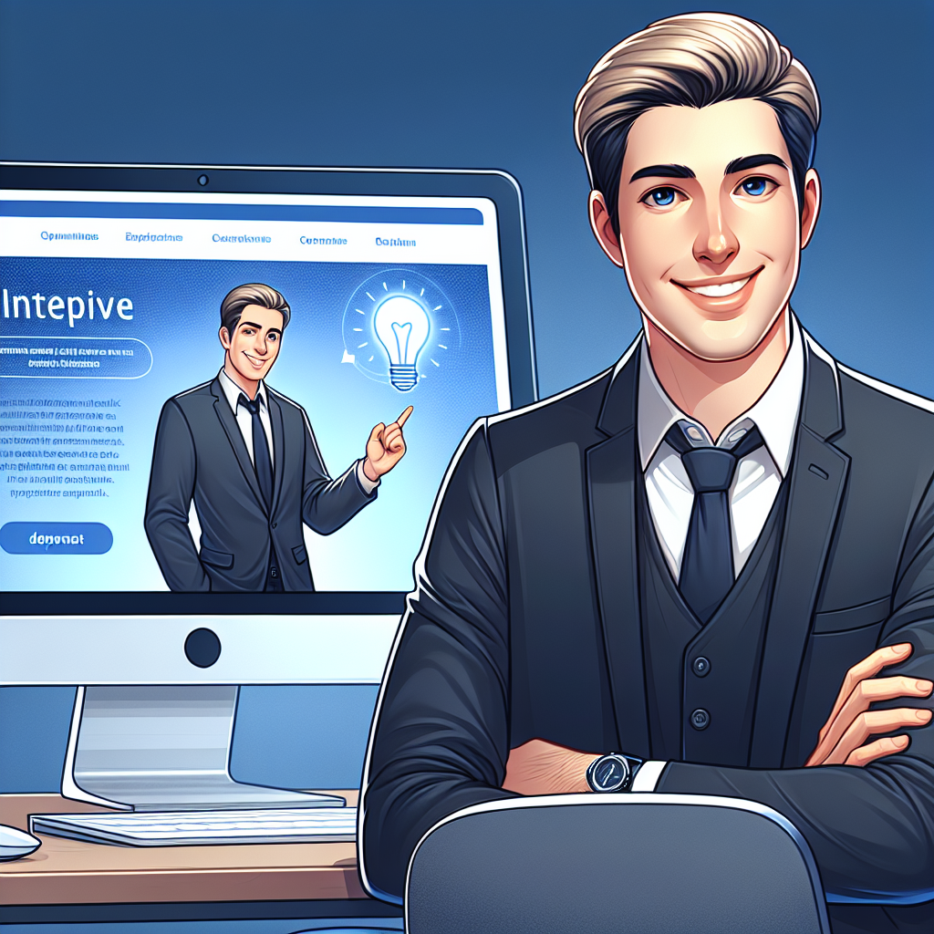Un entrepreneur heureux devant son ordinateur, montrant son site web.