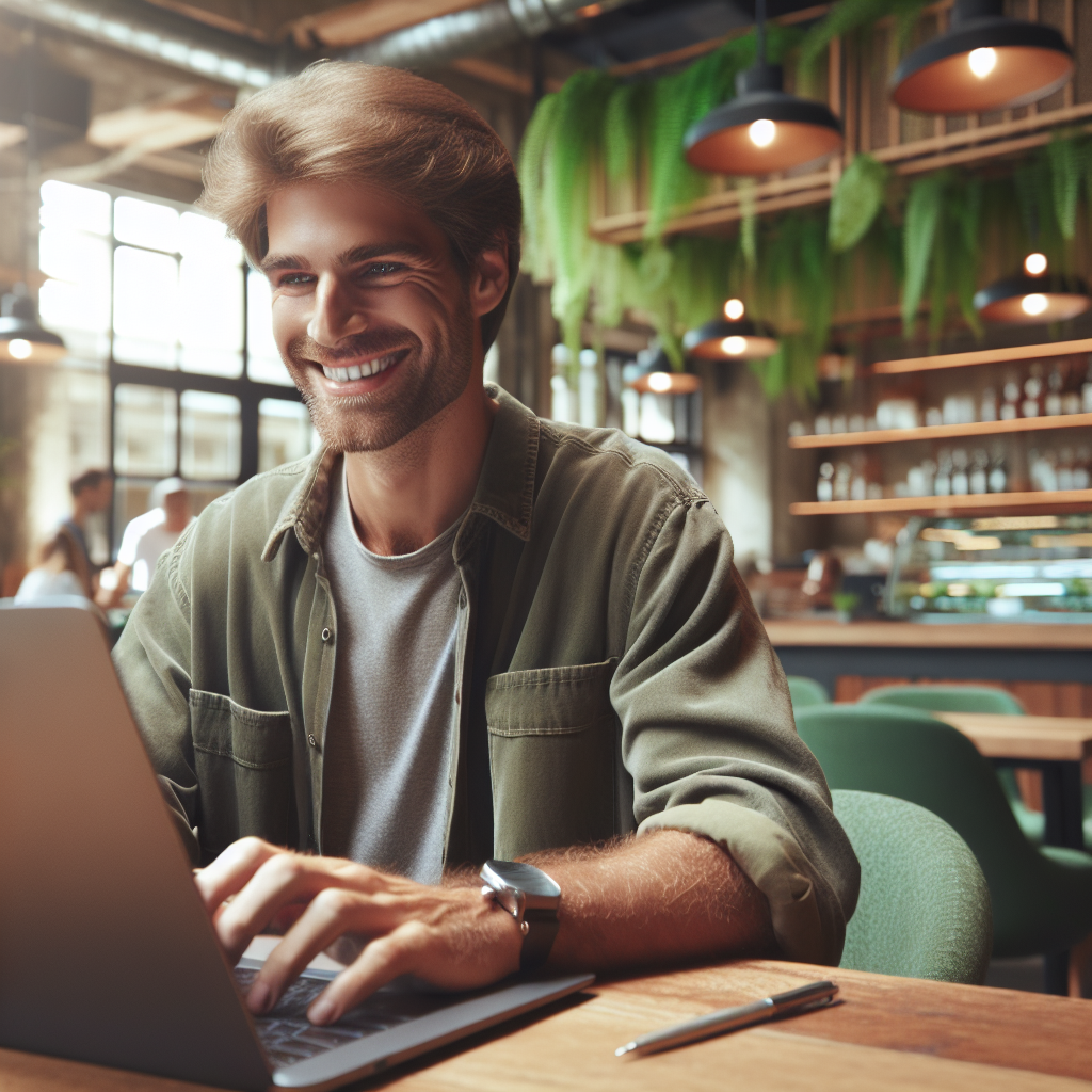 Un entrepreneur souriant utilisant un ordinateur portable dans un café végétalien.