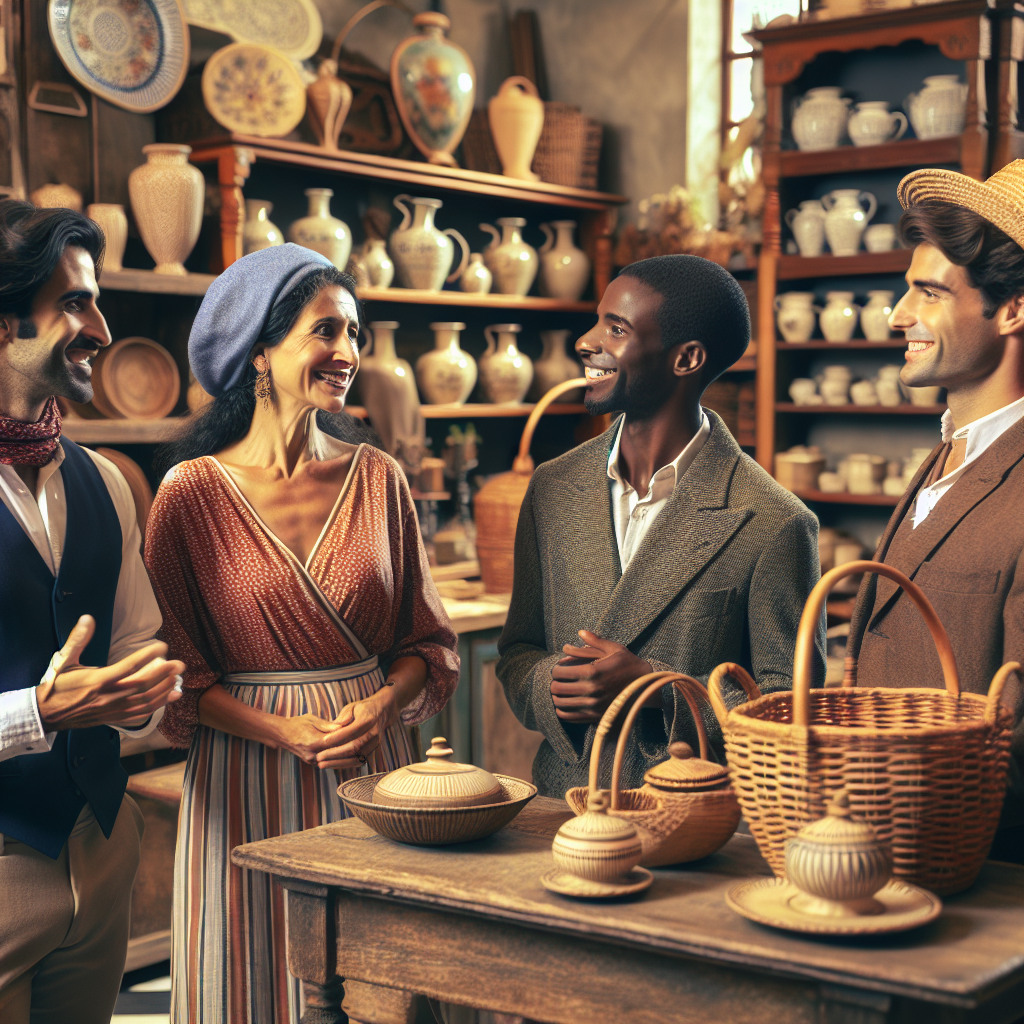 Un groupe de clients satisfaits discutant joyeusement dans une boutique artisanale.