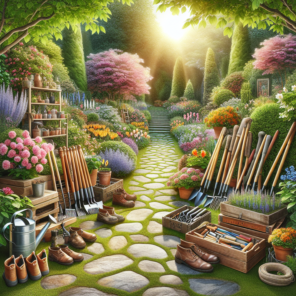 Un jardin bien entretenu avec divers outils de jardinage.