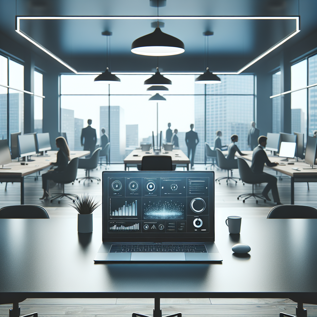 Un paysage de bureau moderne avec un ordinateur portable affichant une interface utilisateur simple et intuitive.