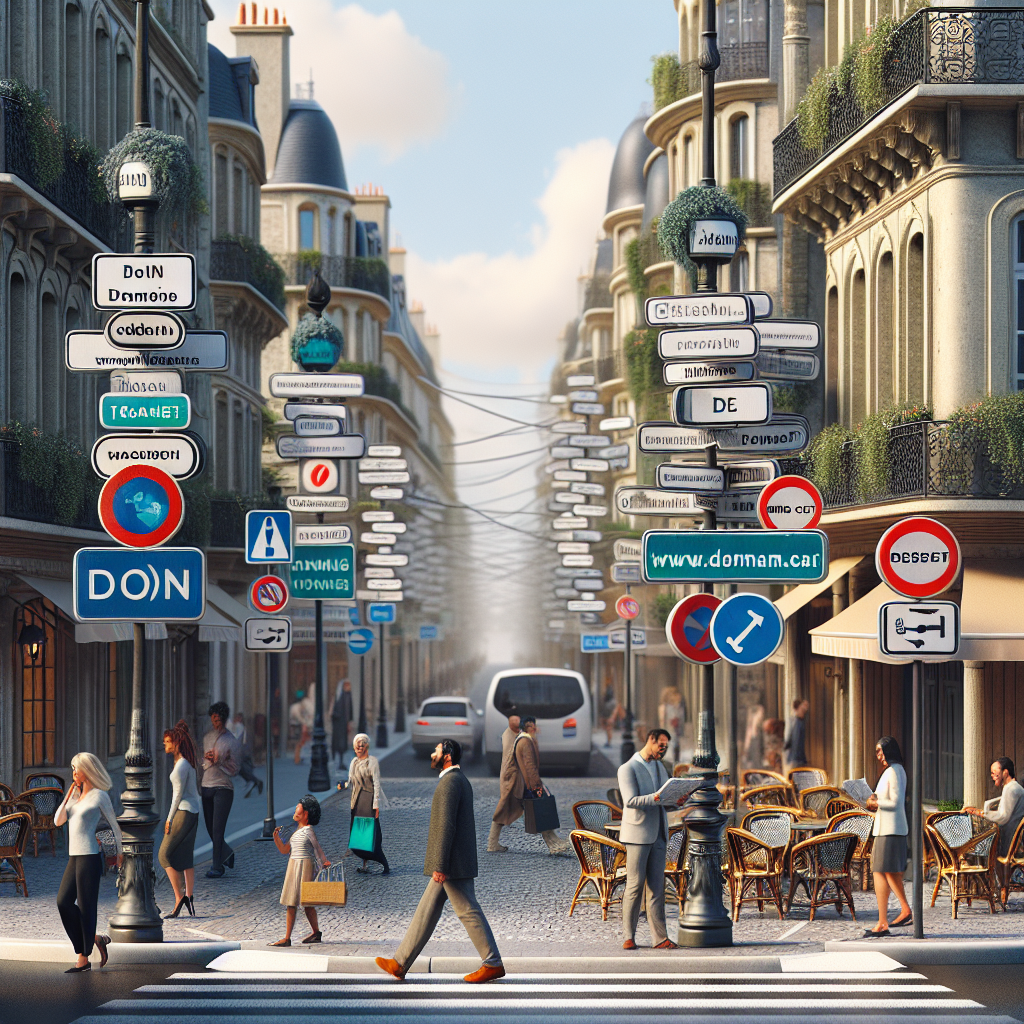 Un paysage urbain avec des panneaux de signalisation indiquant des noms de domaine.