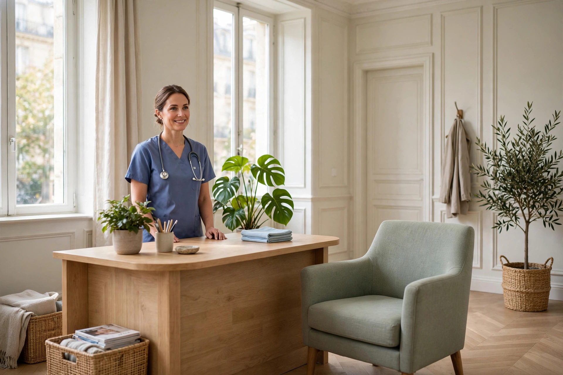 Accueil lumineux et sobre d'un cabinet de soins infirmiers, plante verte et fauteuil
