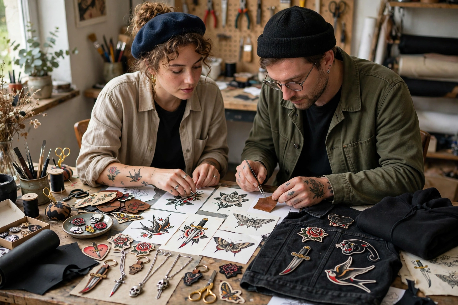 Affiches artistiques, vêtements et accessoires de style tatouage disposés sur une table d'atelier, sans texte