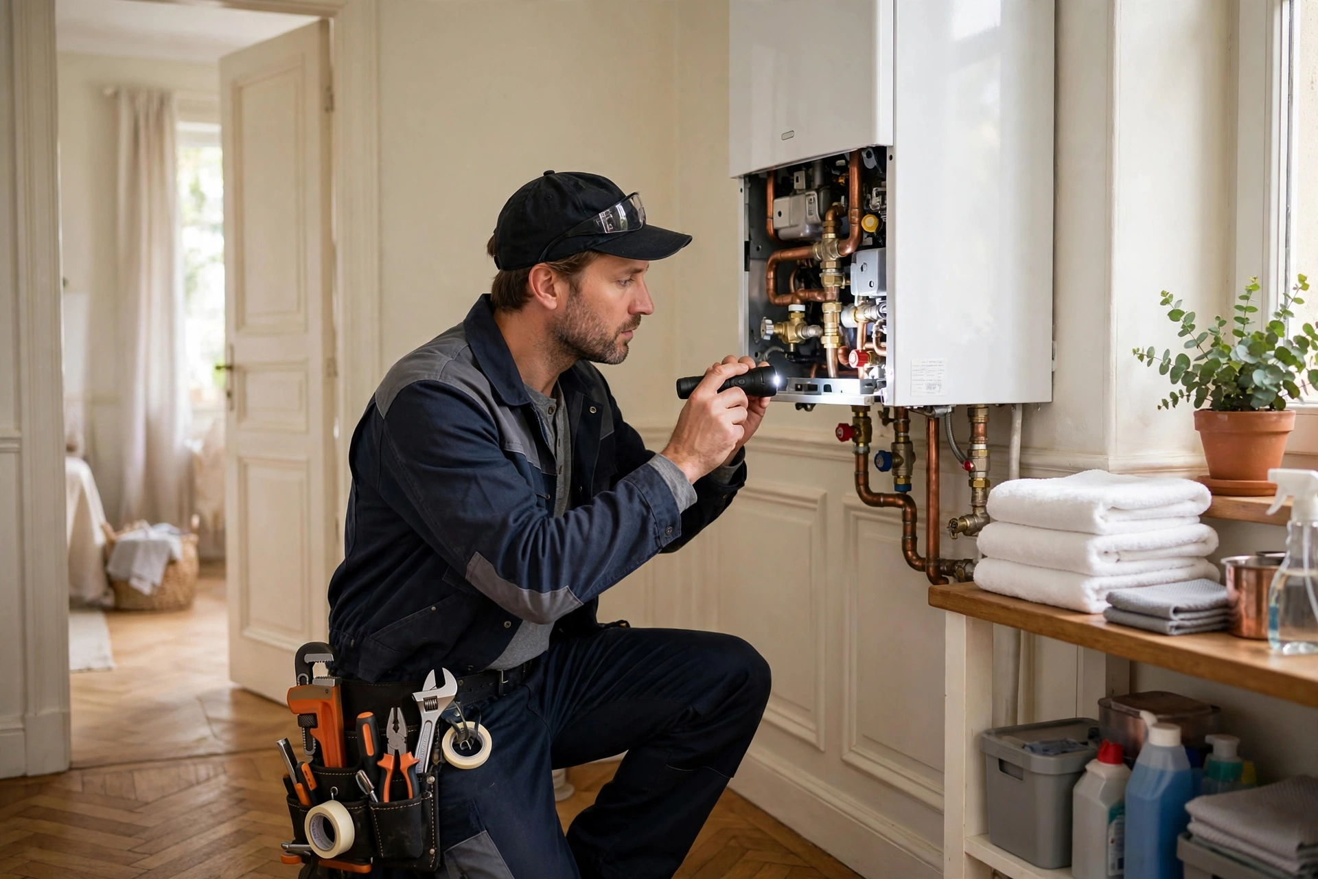 Artisan plombier examinant une installation de chauffage dans une maison soignée