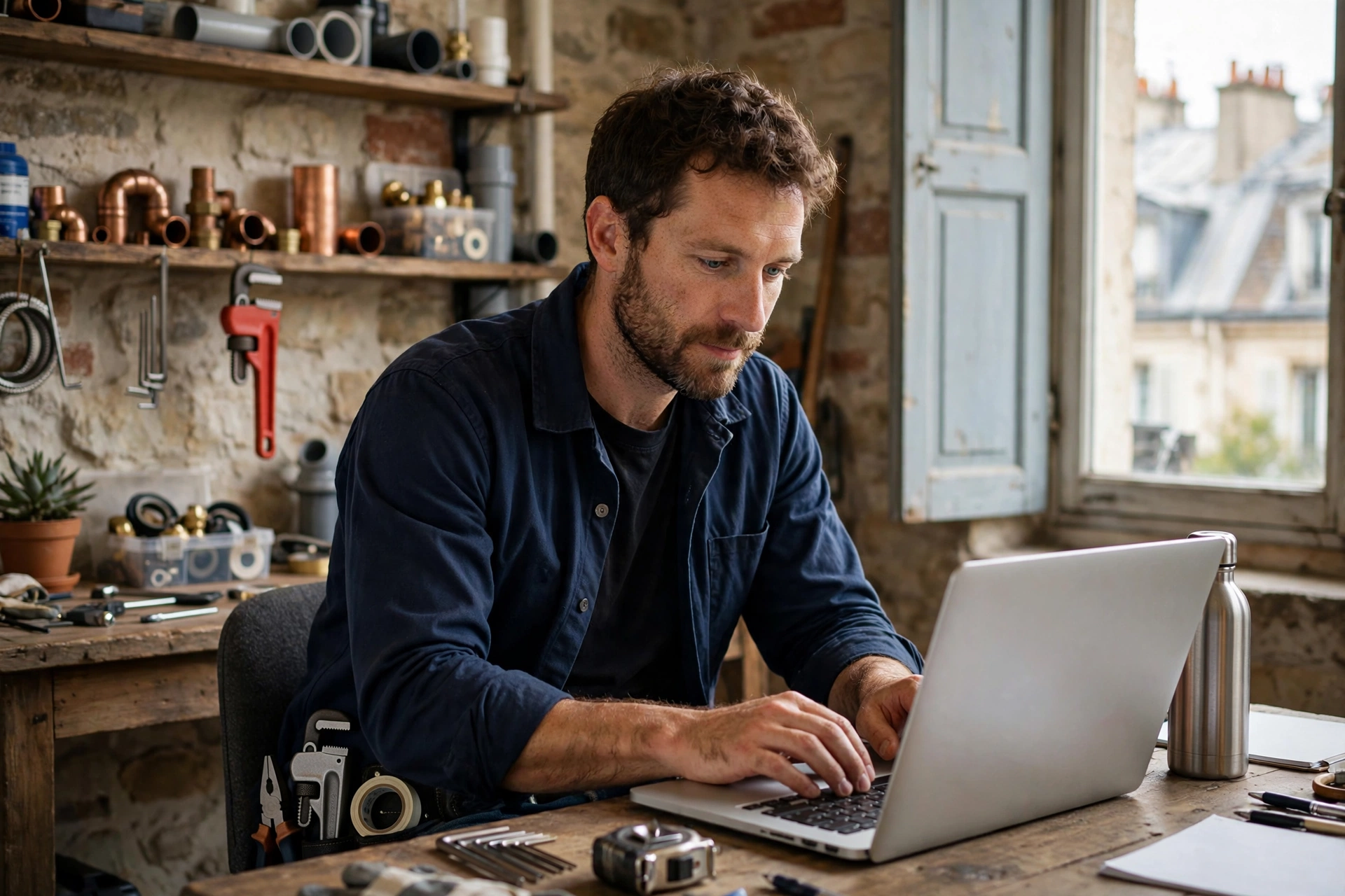 Artisan plombier travaillant sereinement sur un ordinateur portable dans son bureau