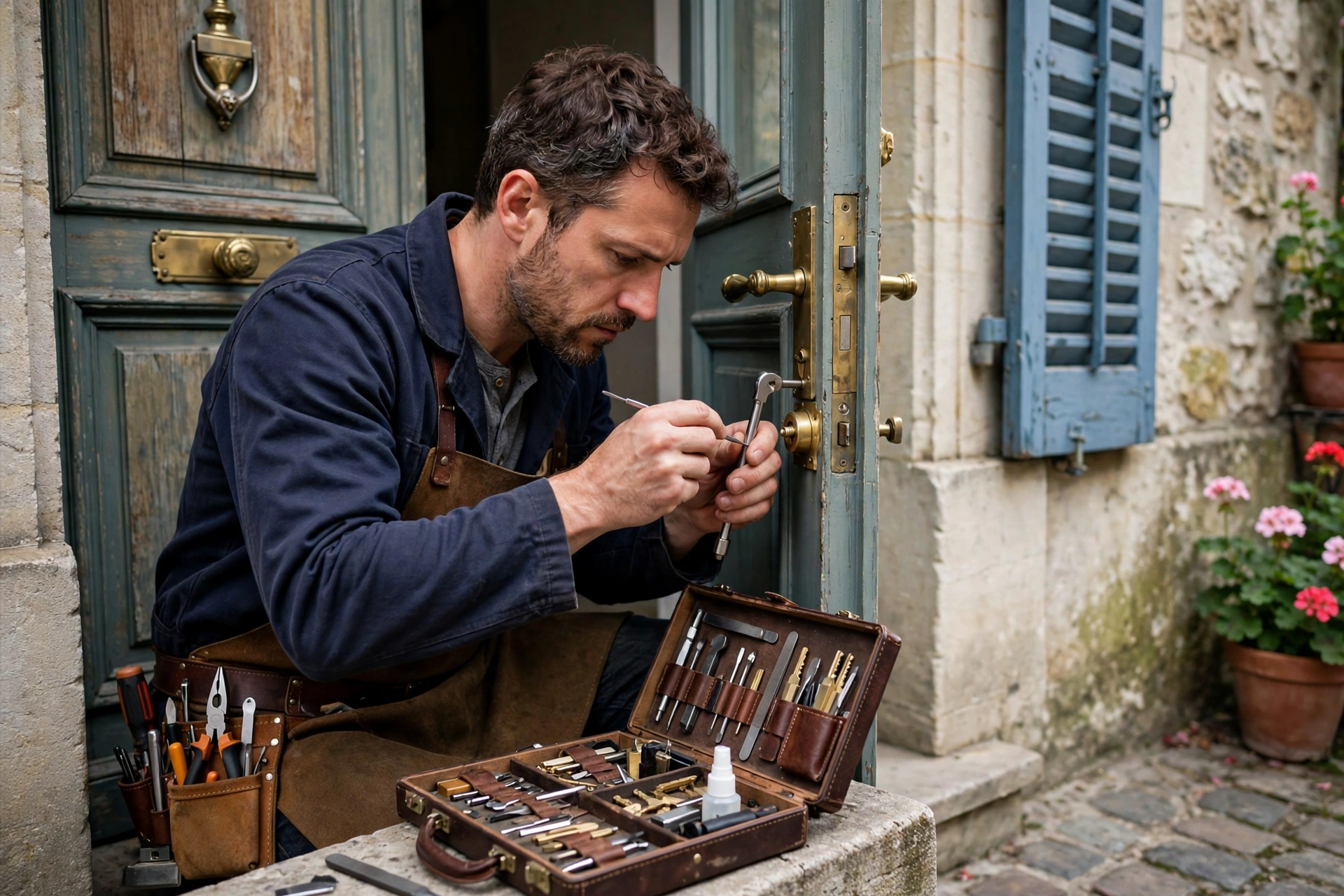 Artisan serrurier utilisant des outils professionnels près d'une porte résidentielle