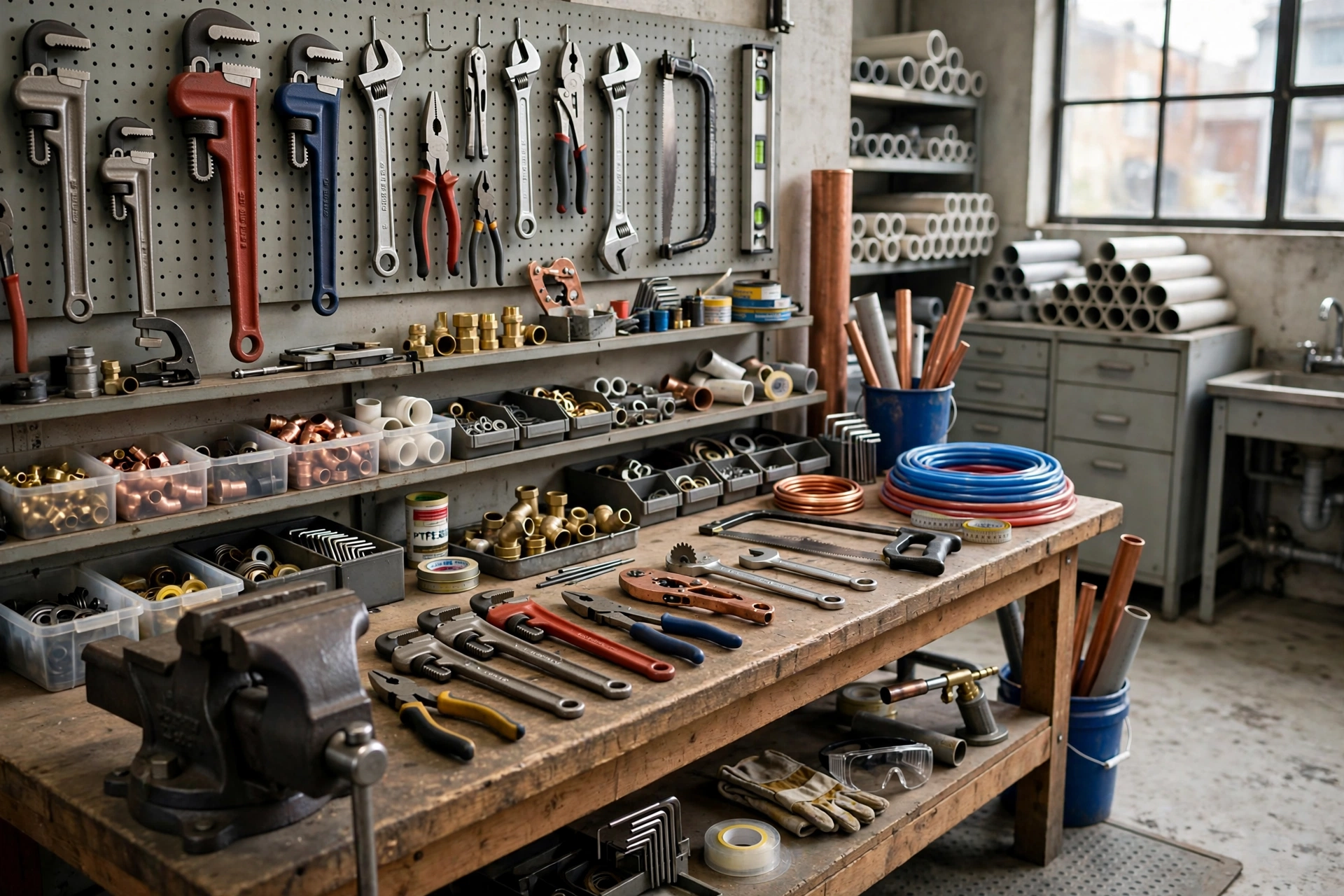 Atelier de plomberie propre avec outils professionnels soigneusement rangés