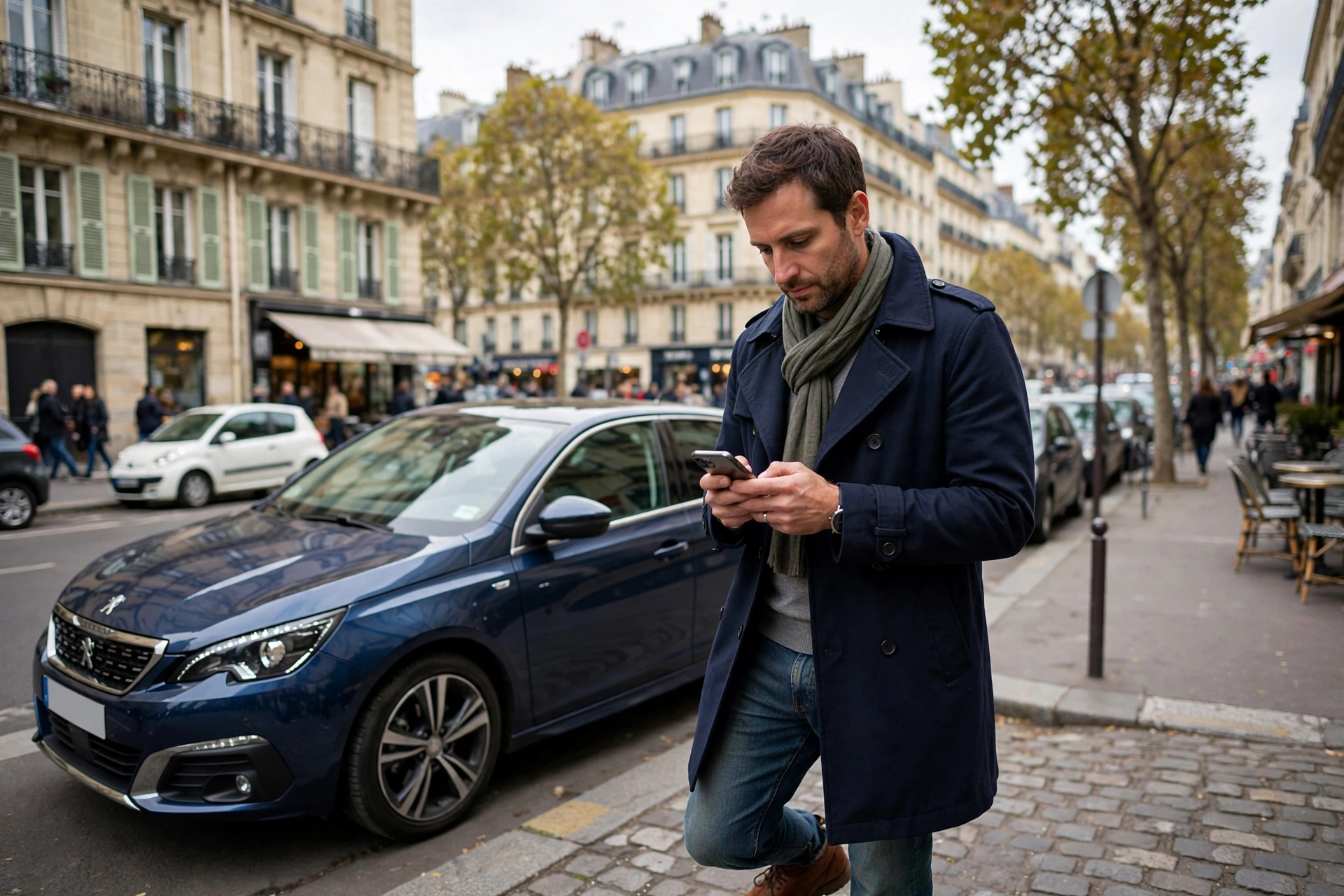 Automobiliste utilisant son smartphone près de sa voiture en ville