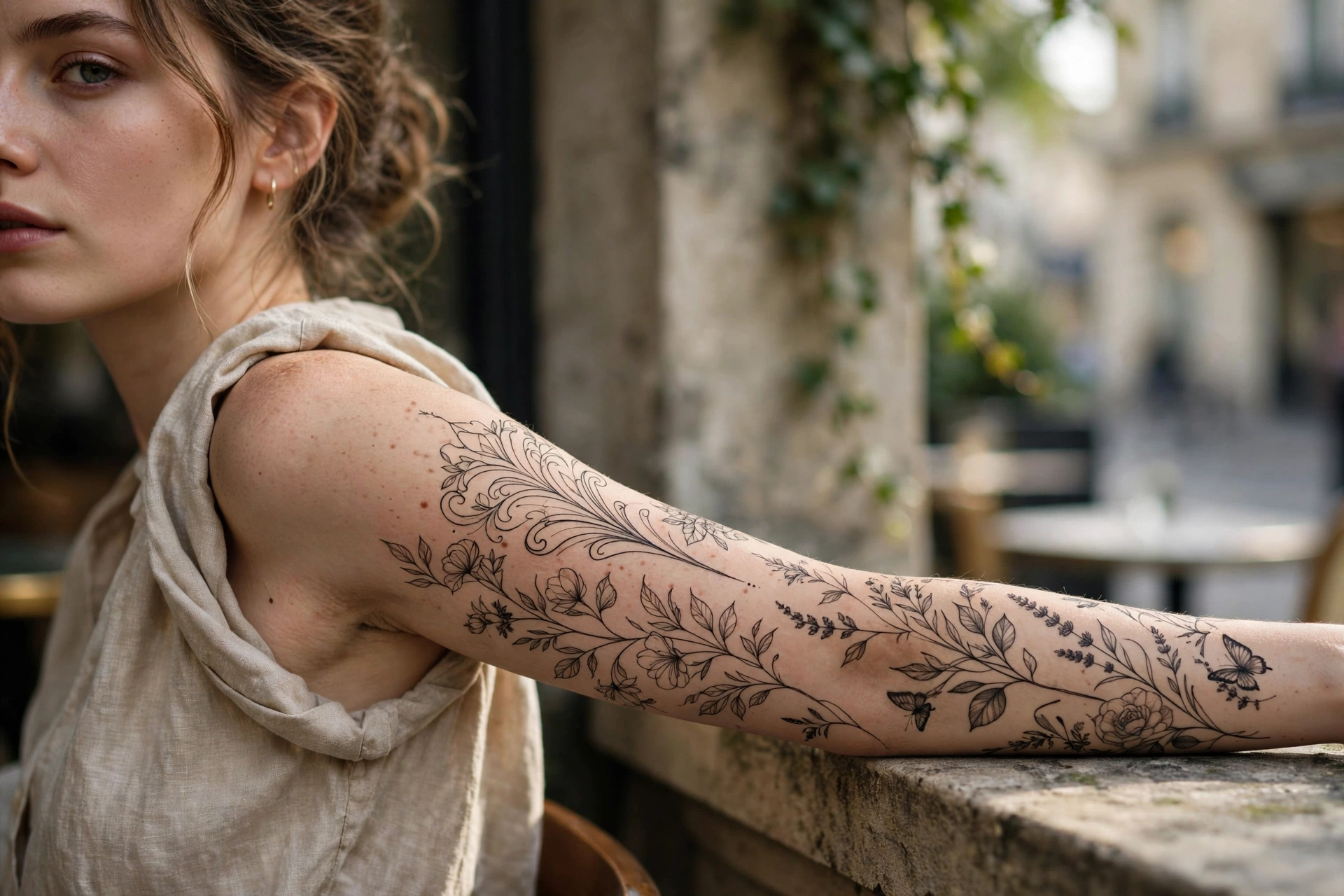 Bras tatoué artistique photographié dans une lumière naturelle, style élégant, sans texte