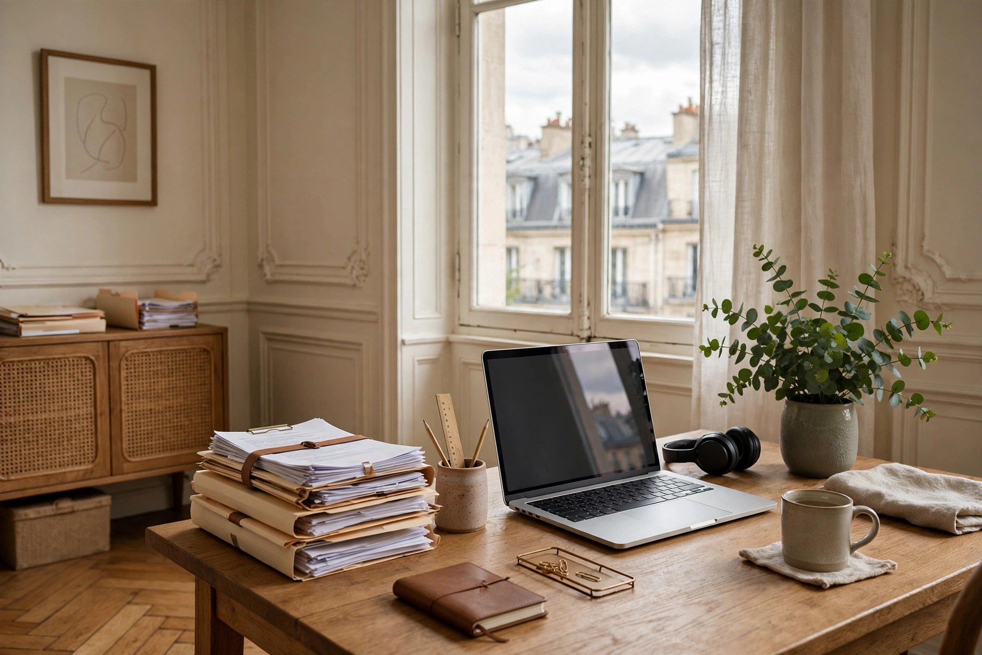 Bureau moderne et rassurant avec documents rangés, ordinateur et plante verte