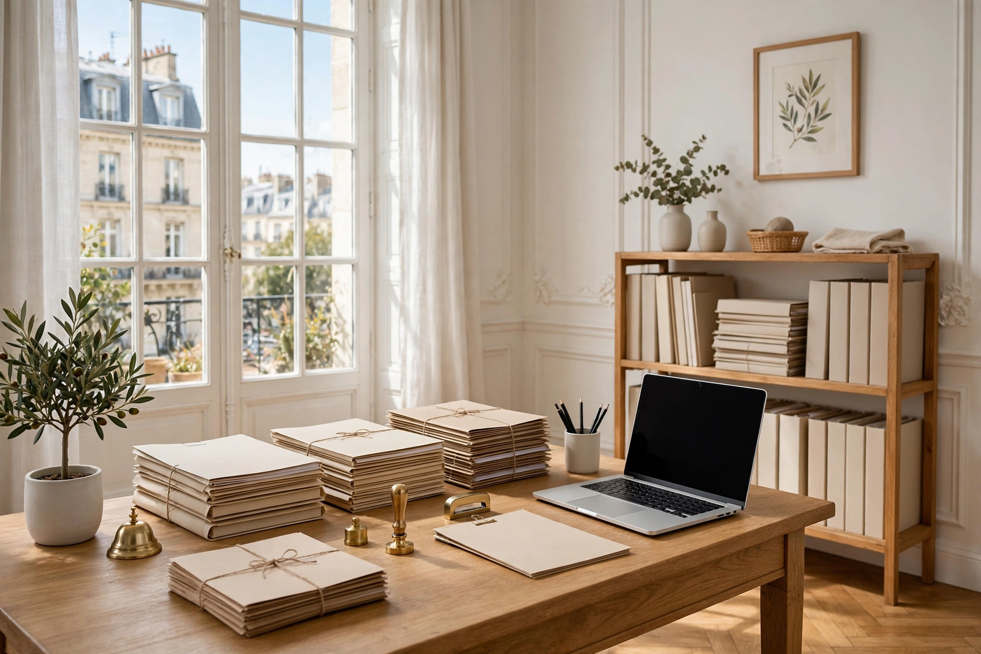 Bureau notarial lumineux avec documents rangés, ordinateur portable et décoration sobre