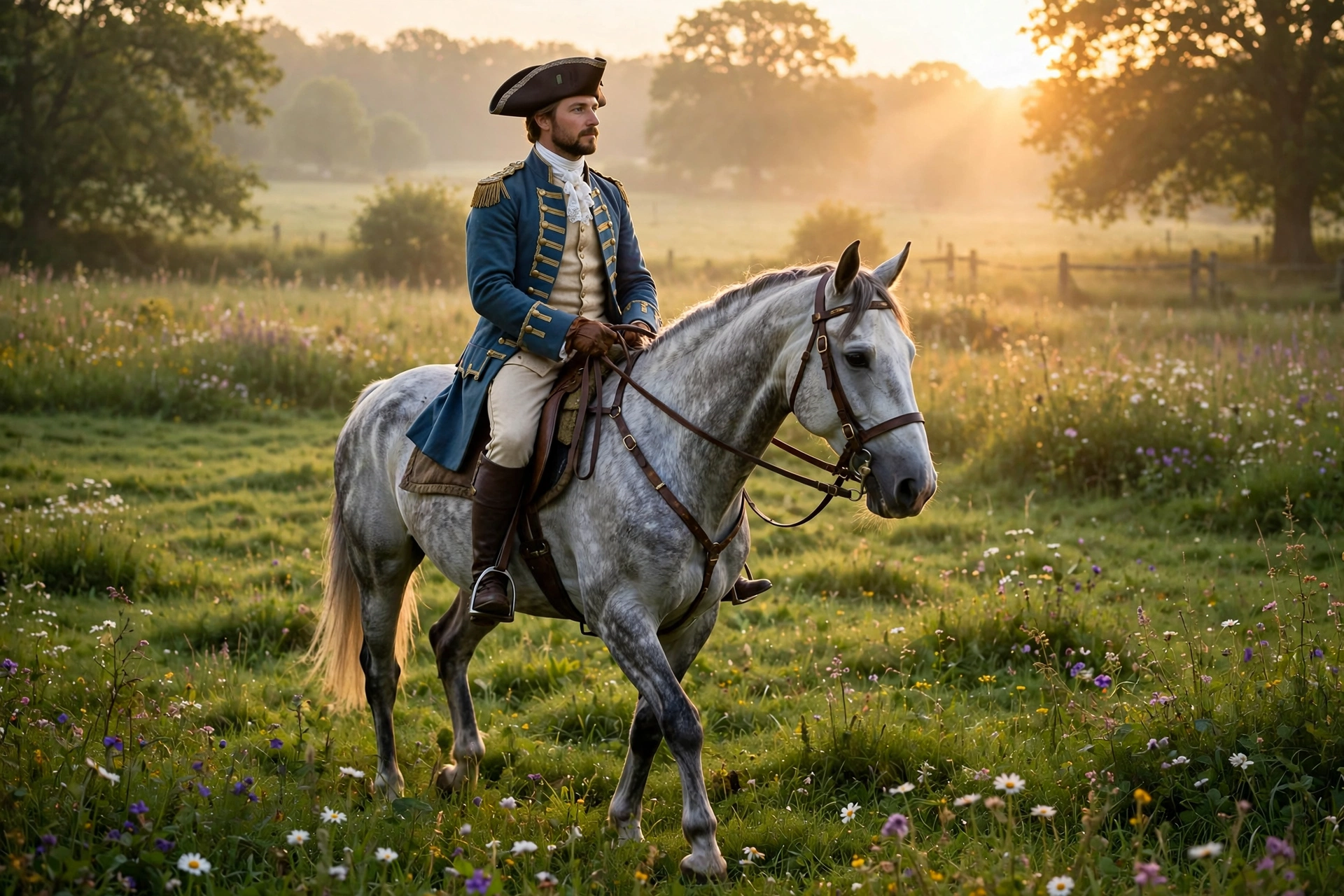 Cavalier et cheval dans une carrière verdoyante au lever du soleil