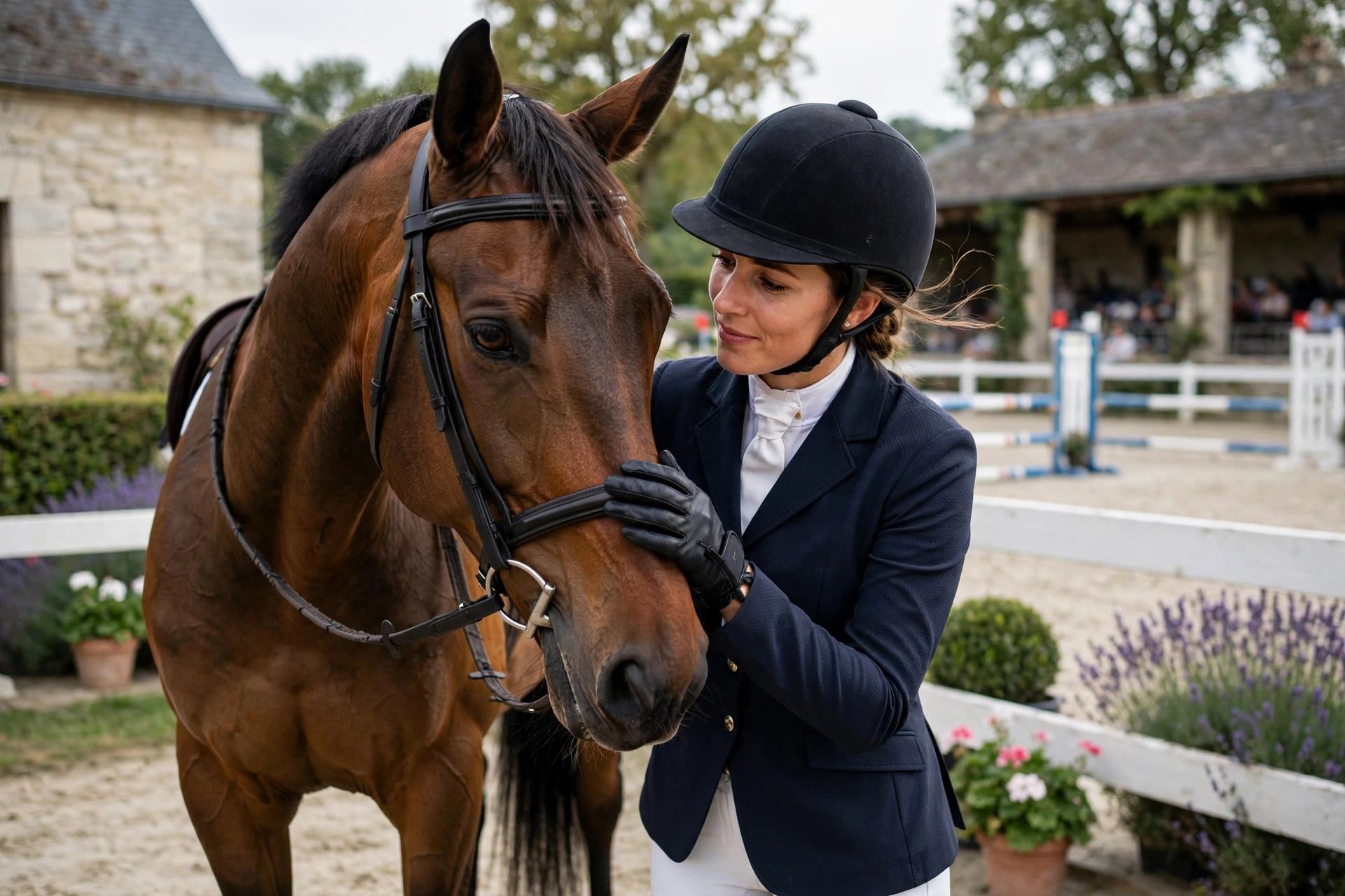 Cavalière en tenue de concours avec son cheval près d'un terrain extérieur