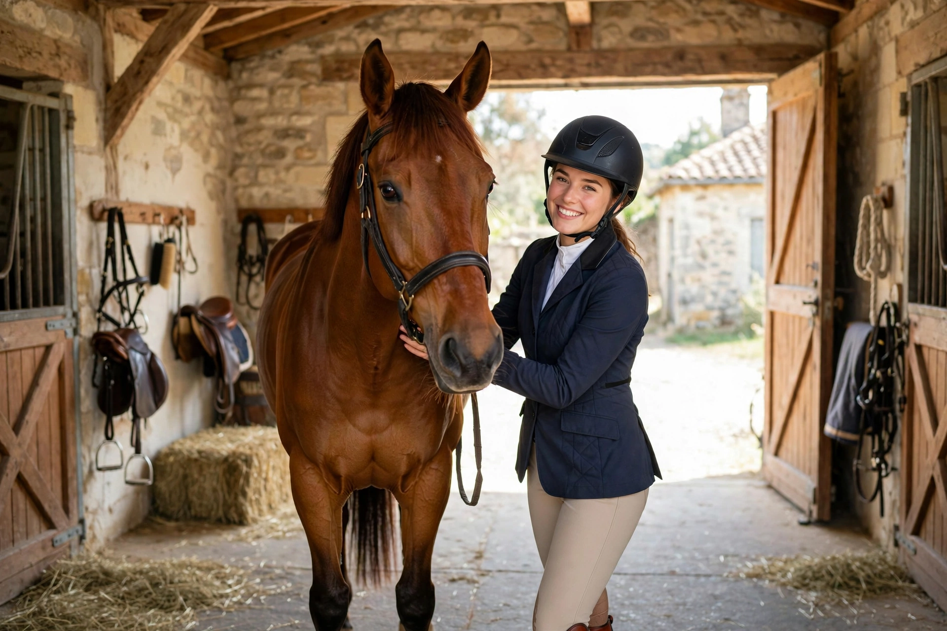 Cheval bai dans une écurie lumineuse avec une cavalière souriante