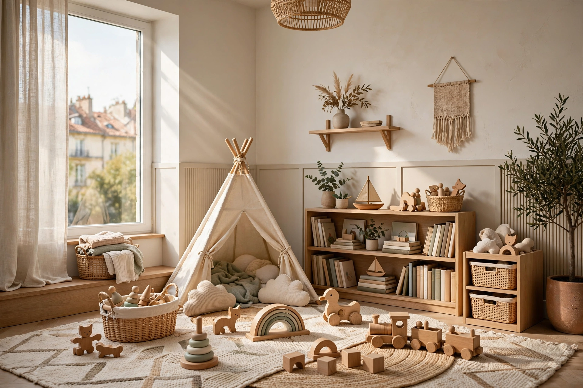 Coin jeux d'une crèche moderne avec jouets en bois, livres et lumière naturelle, sans enfant identifiable