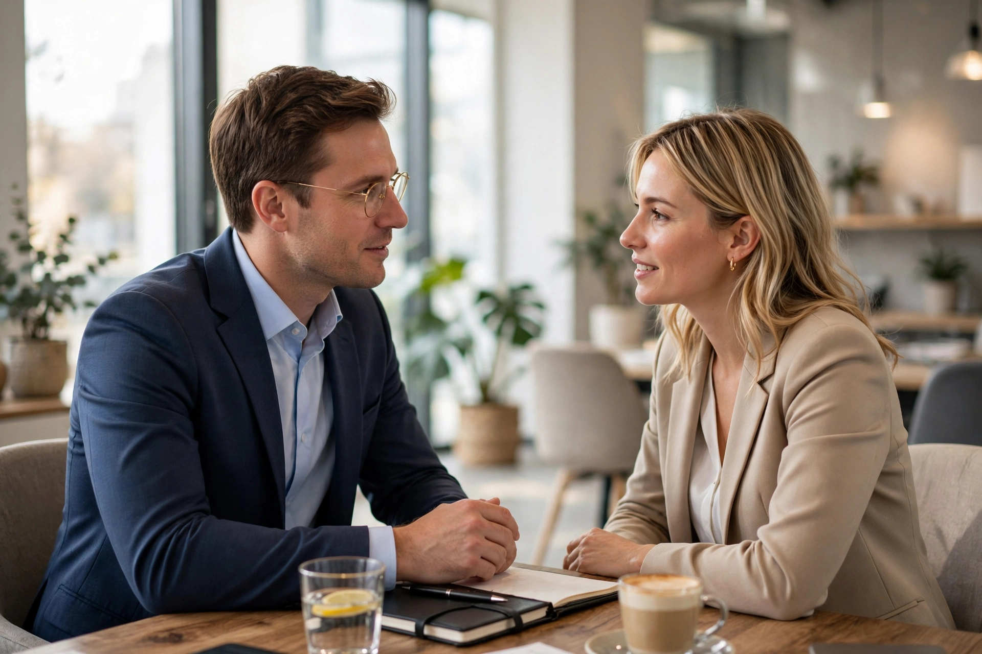 Conseiller en assurance échangeant avec un client dans un bureau lumineux