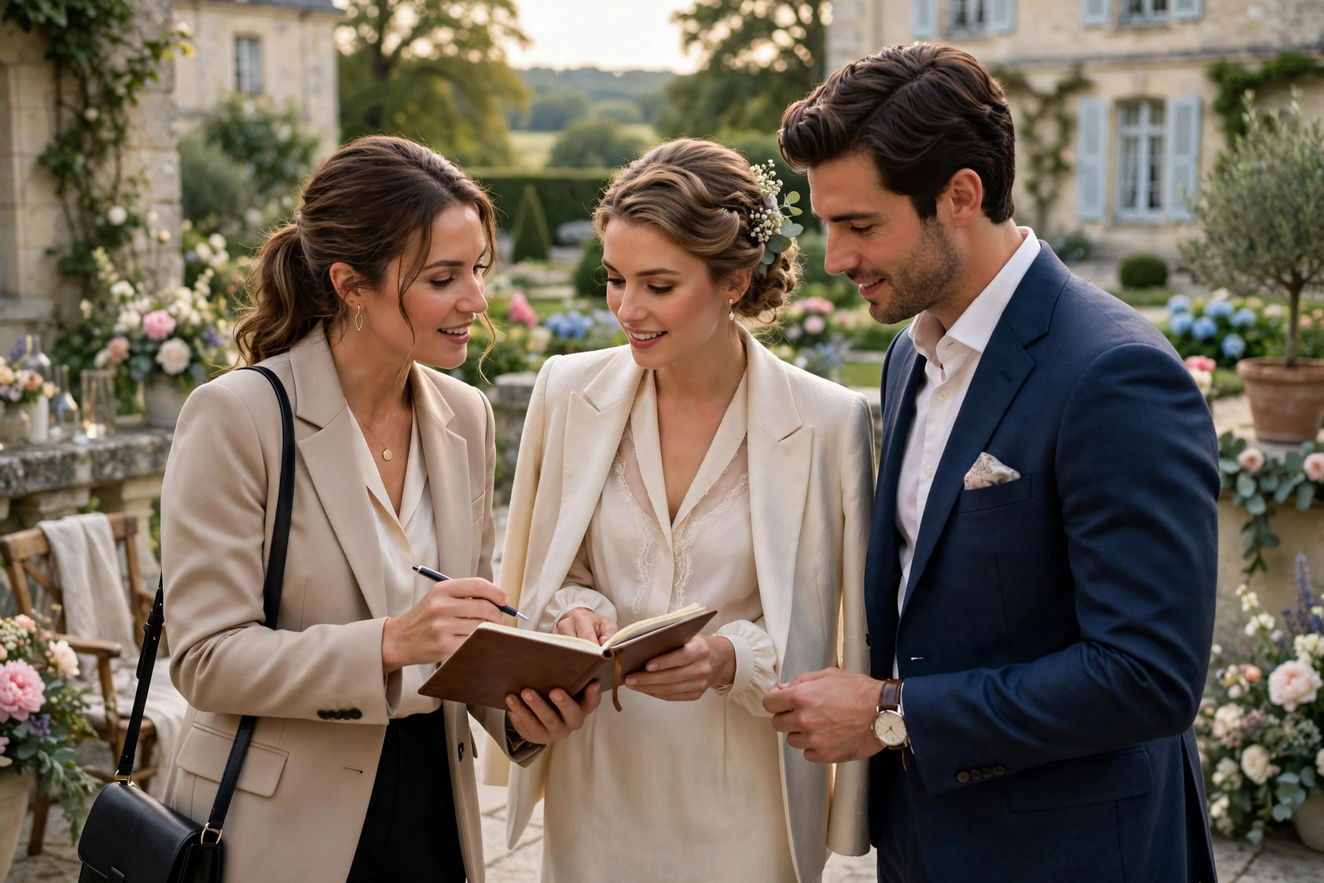 Couple élégant préparant un mariage en plein air avec organisatrice tenant un carnet