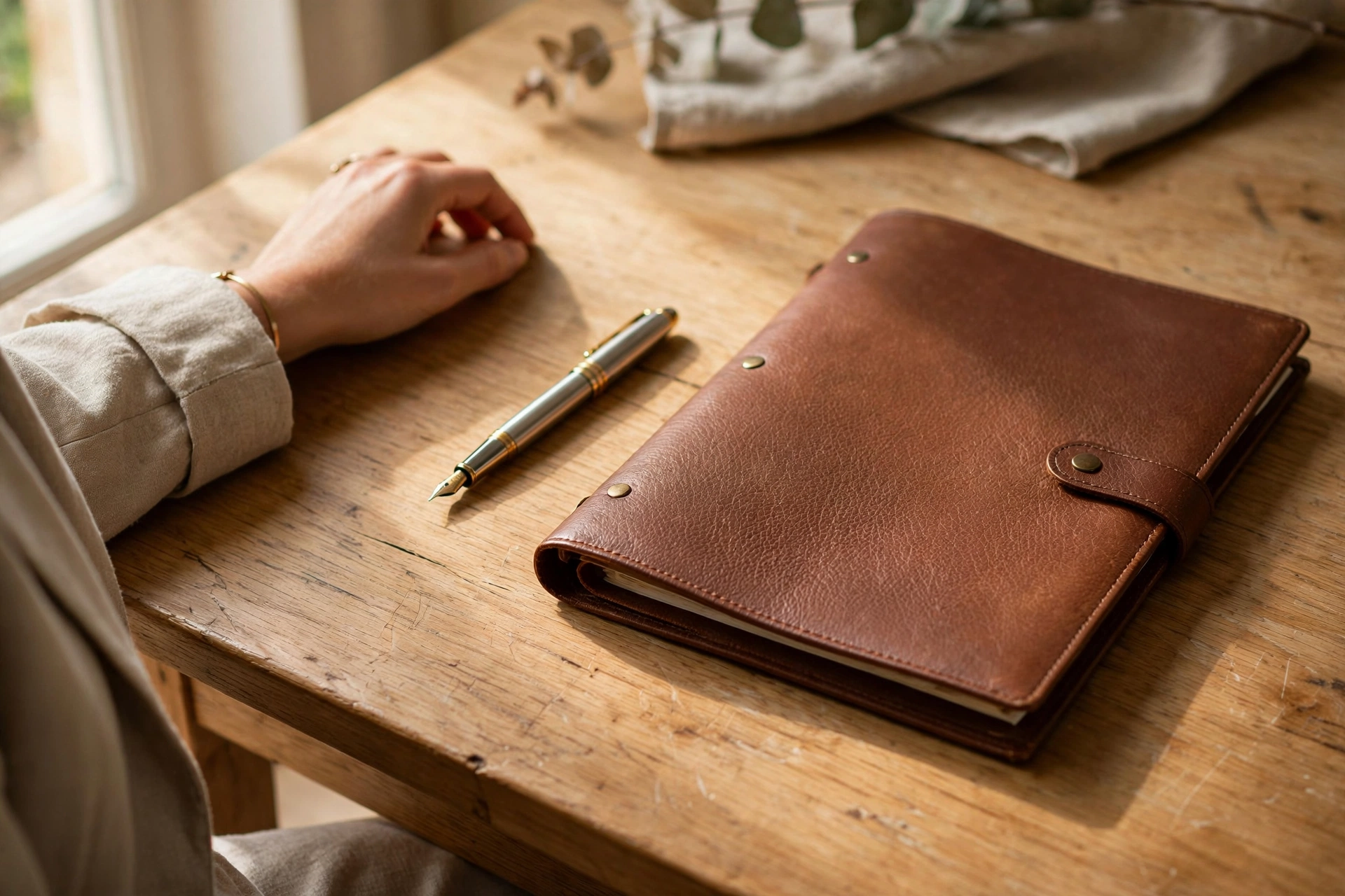 Détail élégant d'un bureau en bois, stylo plume, dossier fermé et lumière naturelle