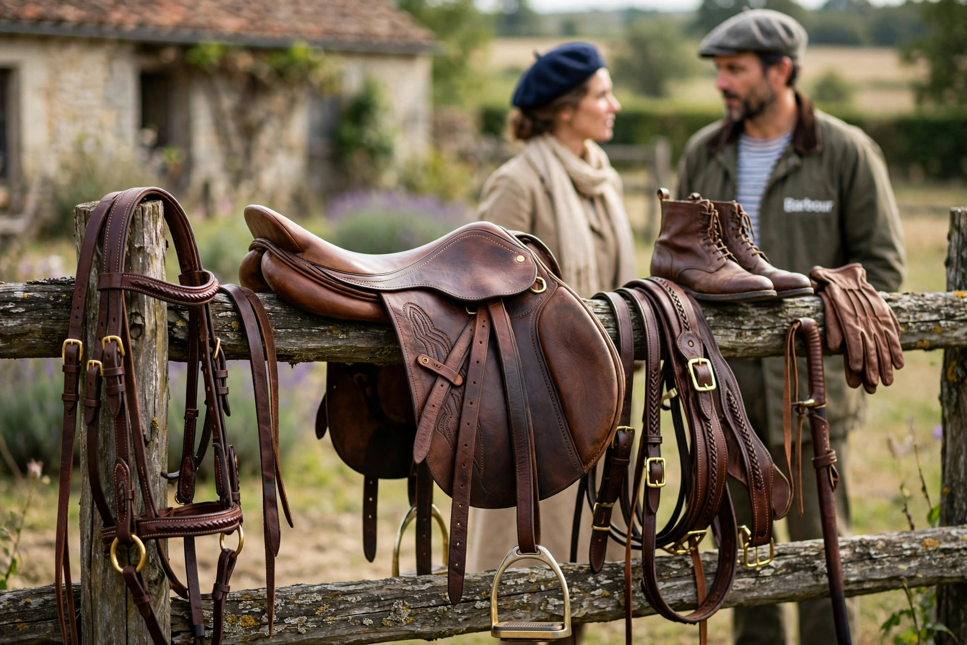 Détails élégants de matériel d'équitation en cuir sur une barrière en bois