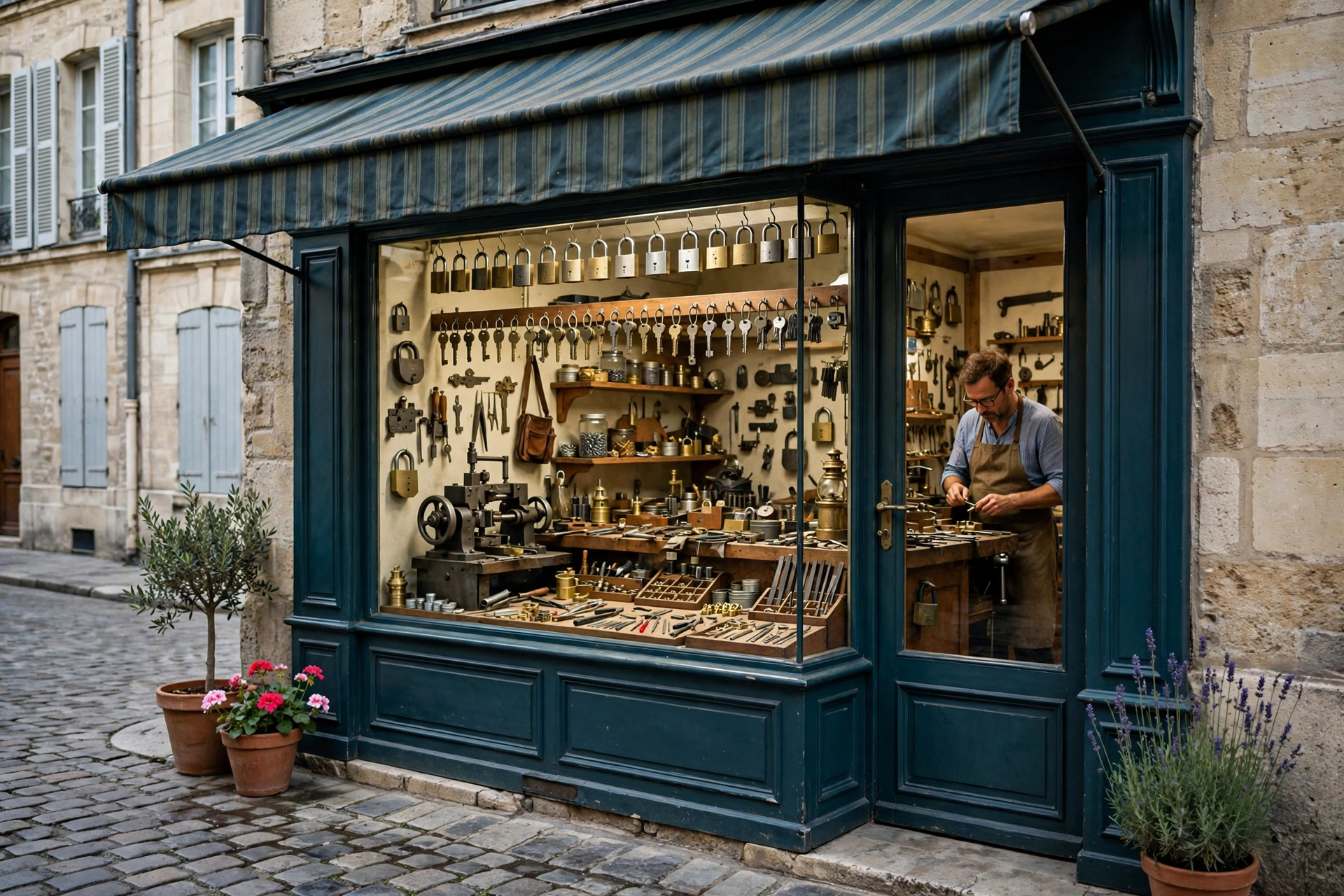 Devanture élégante d'un atelier d'artisan avec outils de serrurerie visibles