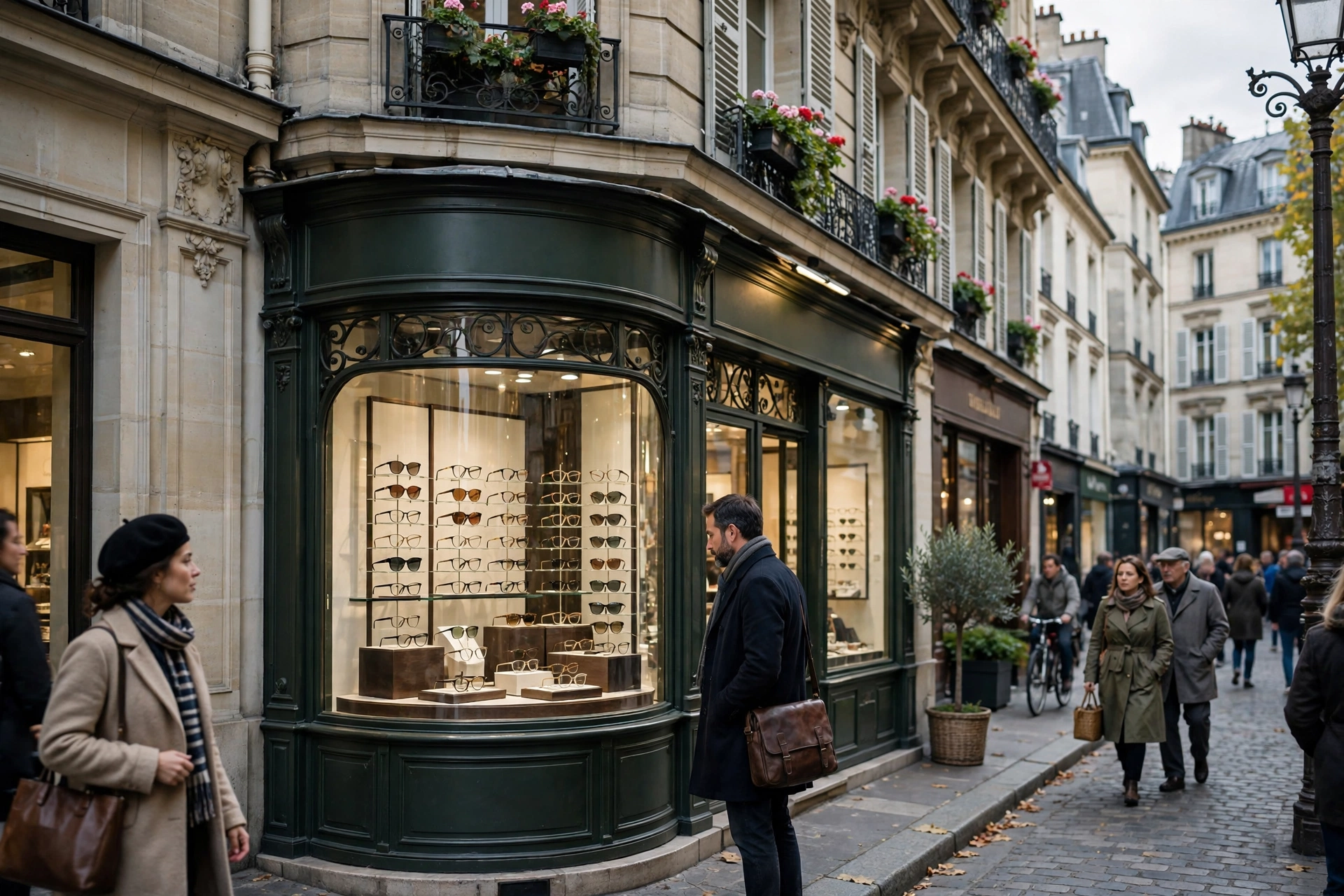 Devanture élégante d'un magasin d'optique dans une rue commerçante, lunettes en vitrine