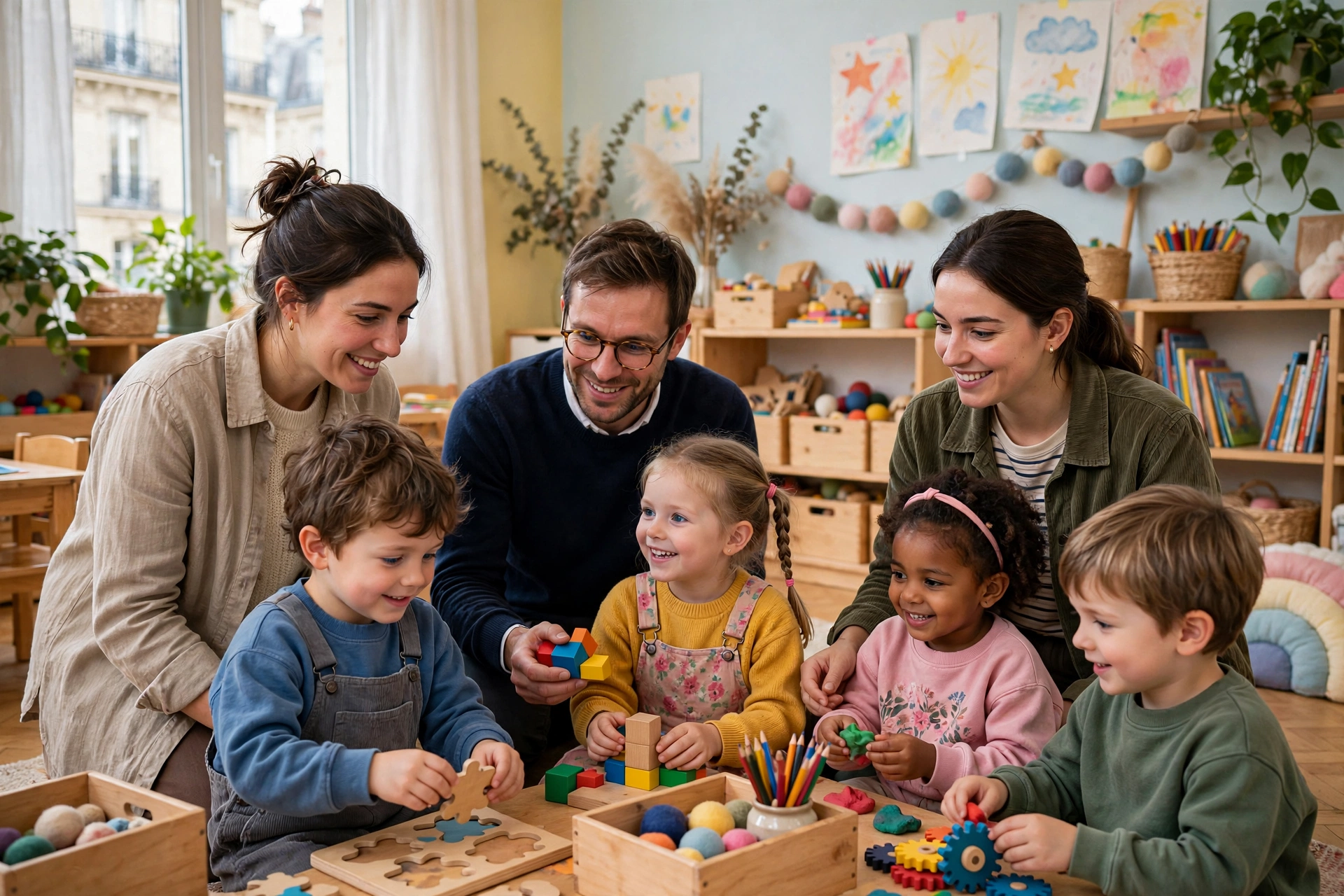 Équipe de professionnels de la petite enfance échangeant avec des enfants dans une salle lumineuse et colorée