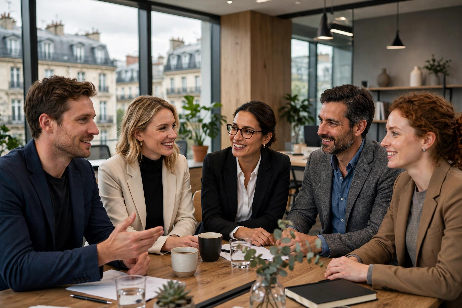 Équipe de professionnels en tenue de travail dans un bureau moderne, discussion conviviale