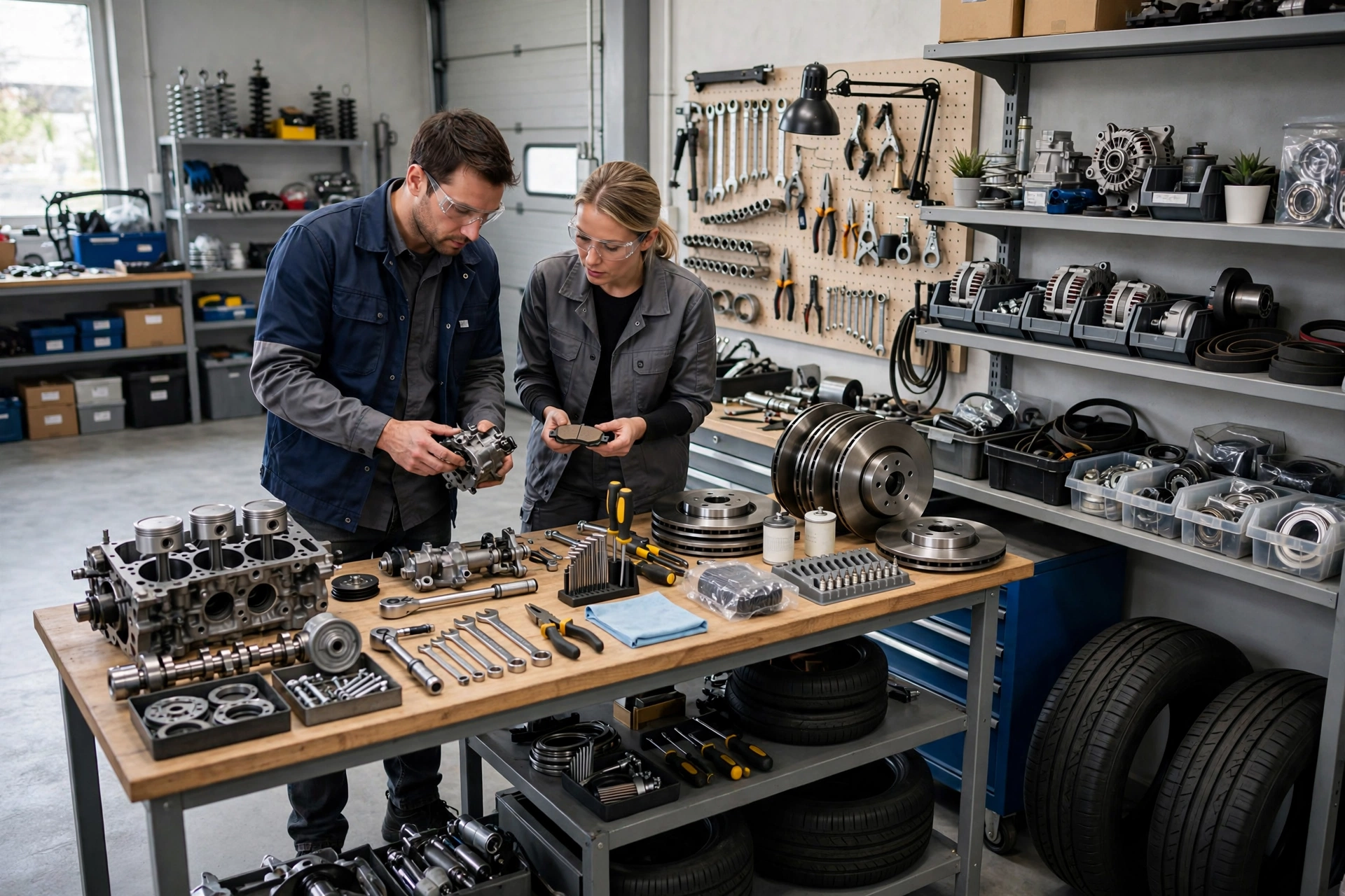 Établi de garage avec pièces automobiles neuves soigneusement rangées