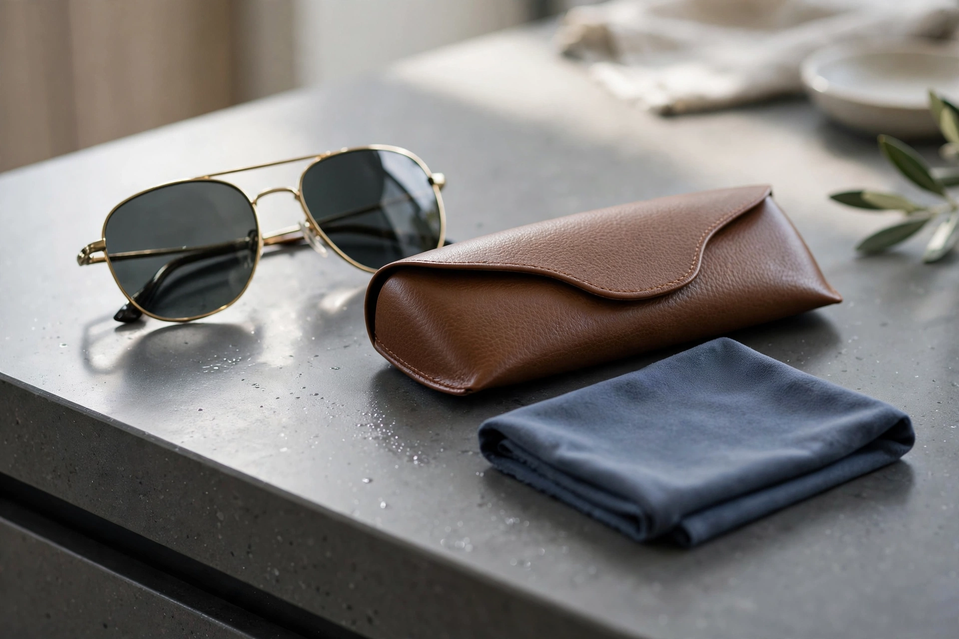 Étui à lunettes, chiffon microfibre et lunettes de soleil soigneusement disposés sur un comptoir moderne