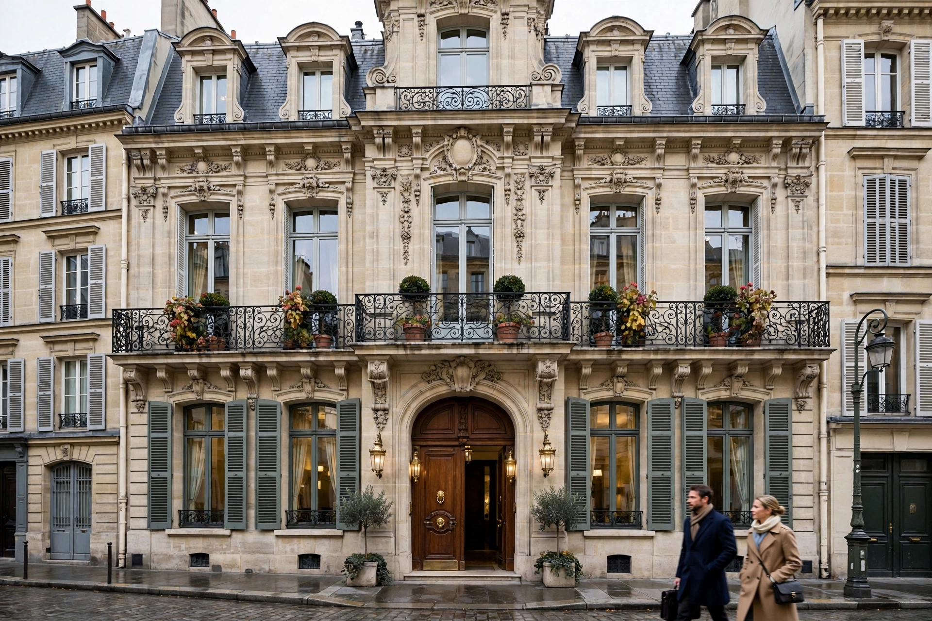 Façade élégante d'une étude notariale dans une rue française, ambiance professionnelle et rassurante