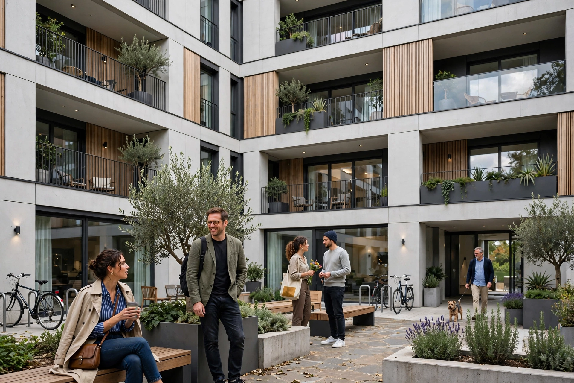 Façade moderne d'un immeuble résidentiel avec quelques habitants dans la cour