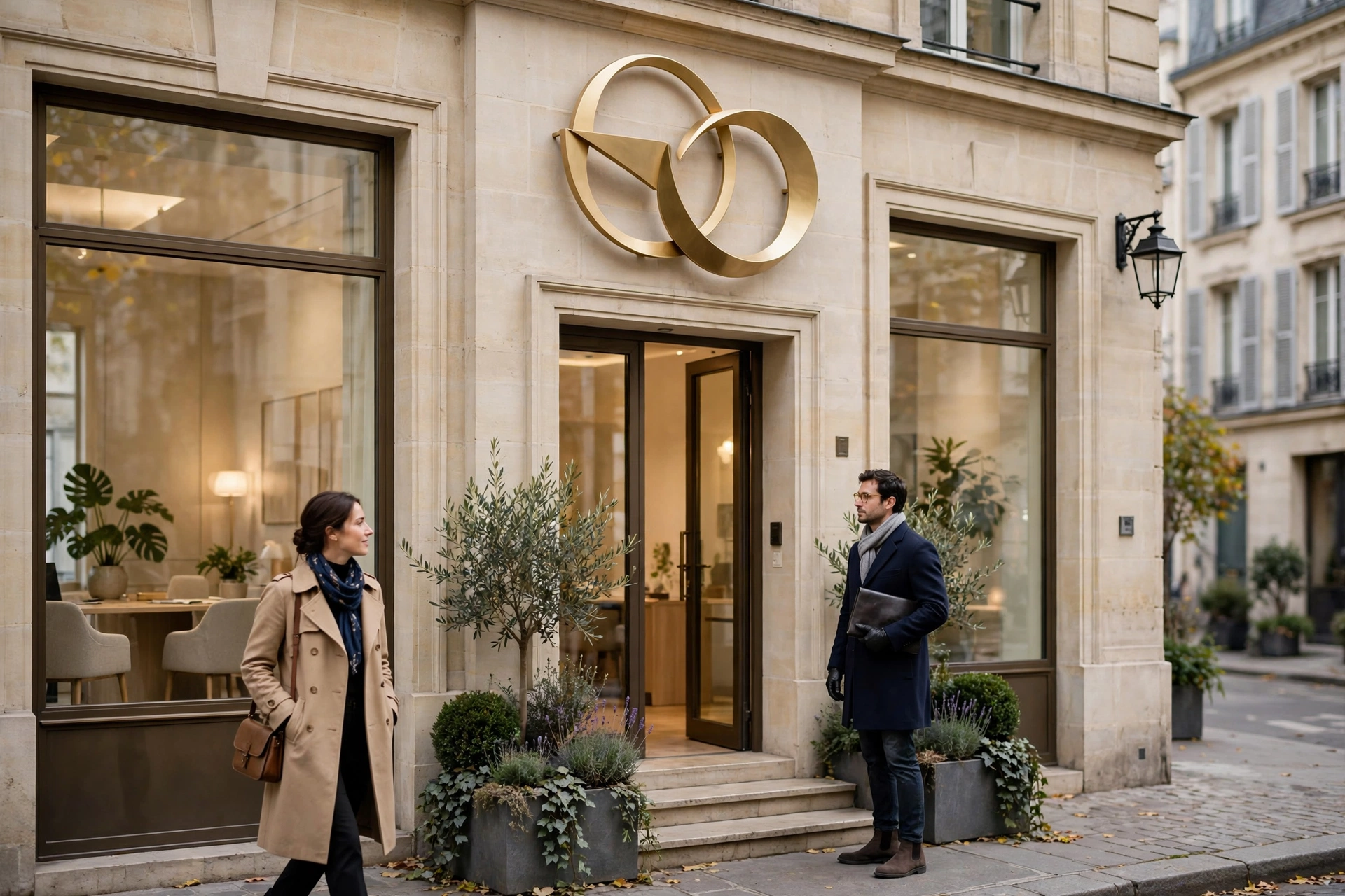 Façade sobre d'un cabinet de conseil avec enseigne abstraite et accueil chaleureux