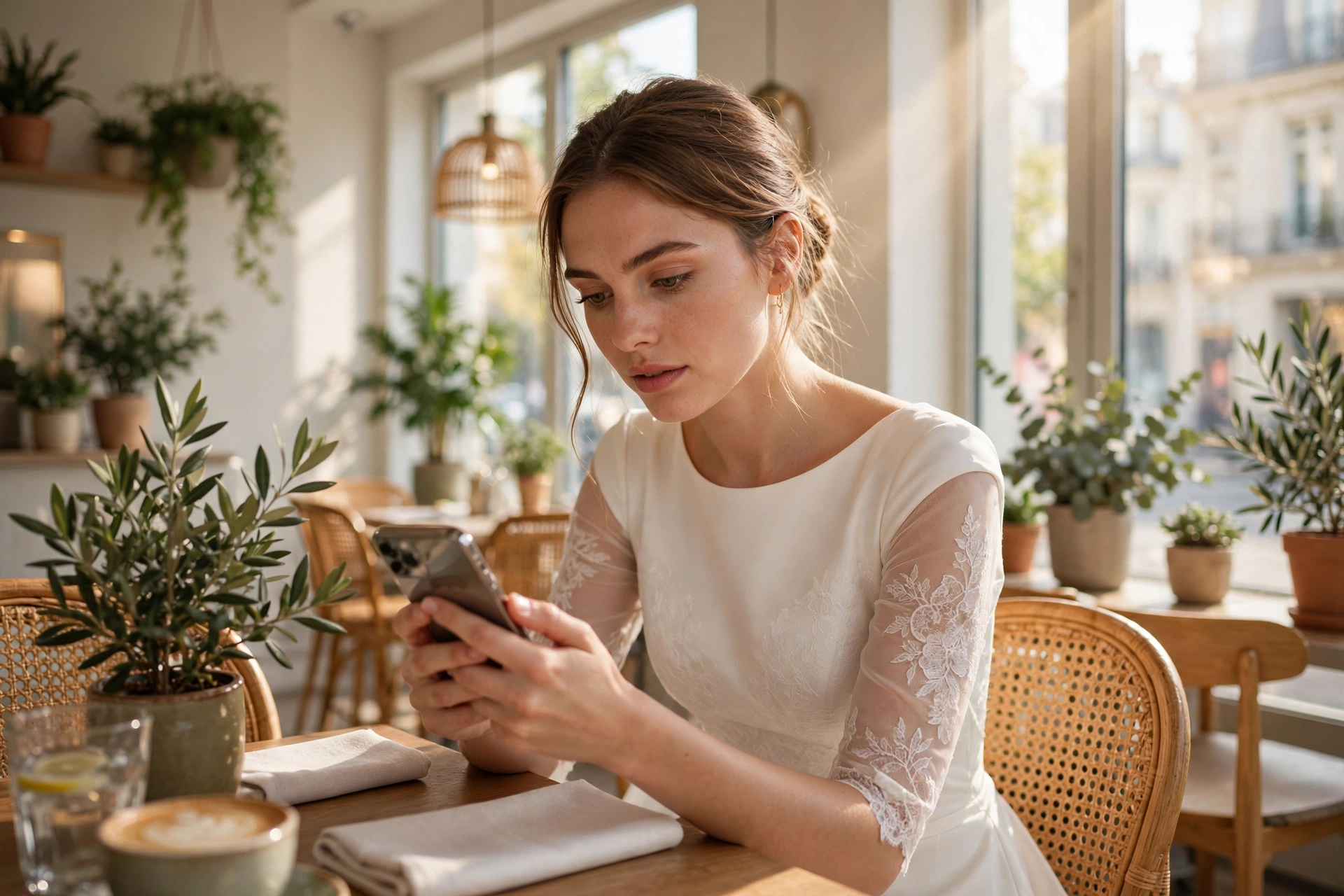 Future mariée consultant un site de mariage sur son smartphone dans un café lumineux