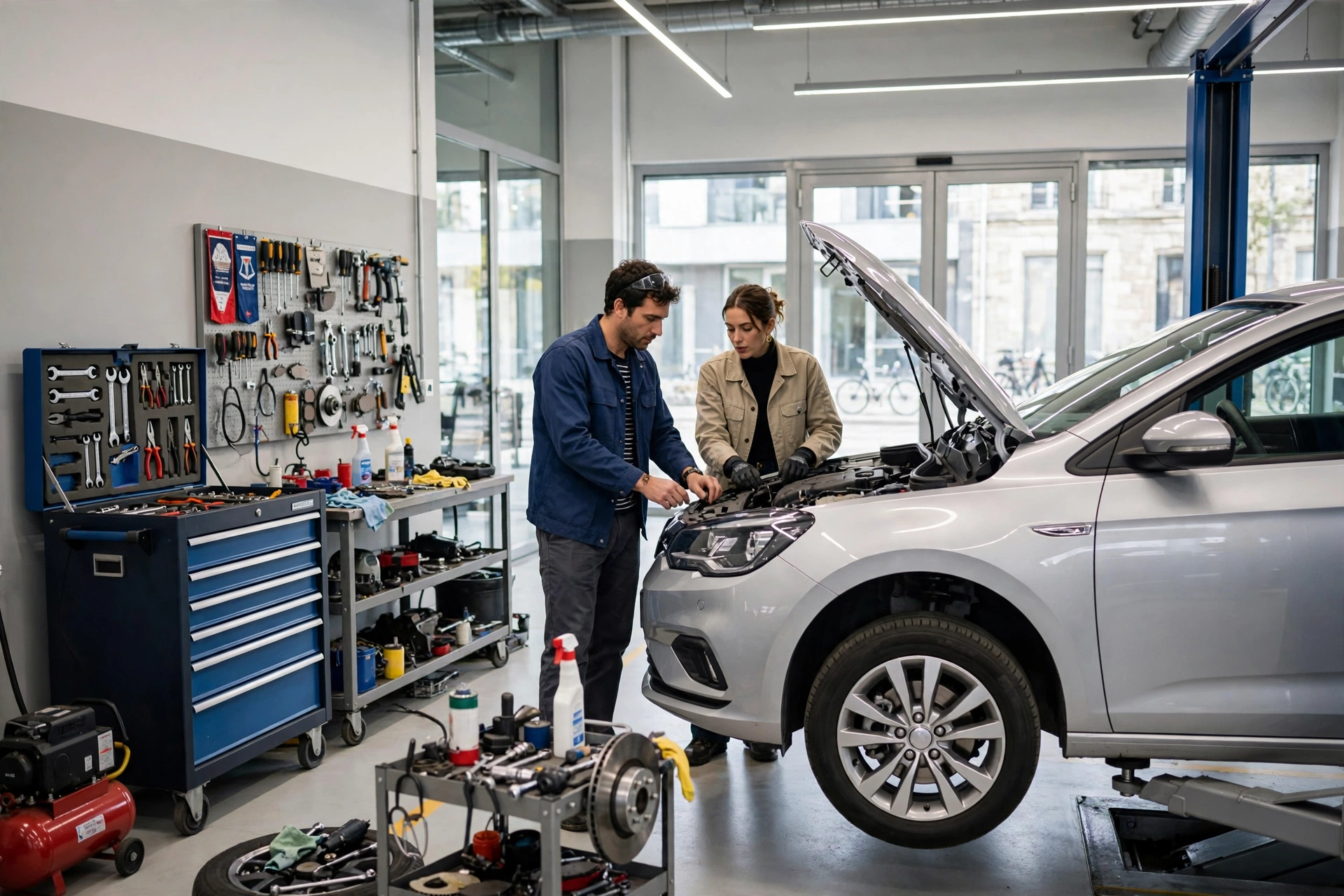 Garage automobile lumineux et contemporain avec outils professionnels et voiture