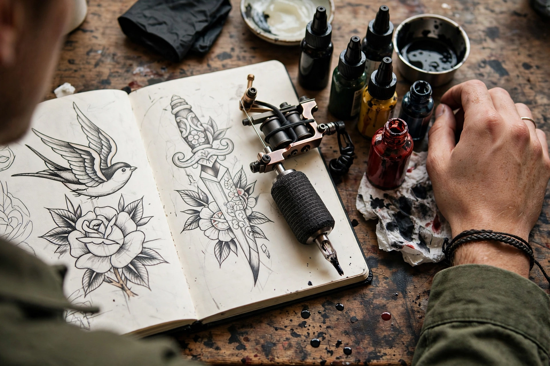 Gros plan artistique sur des carnets de croquis de tatouage, encres et machine à tatouer, sans texte